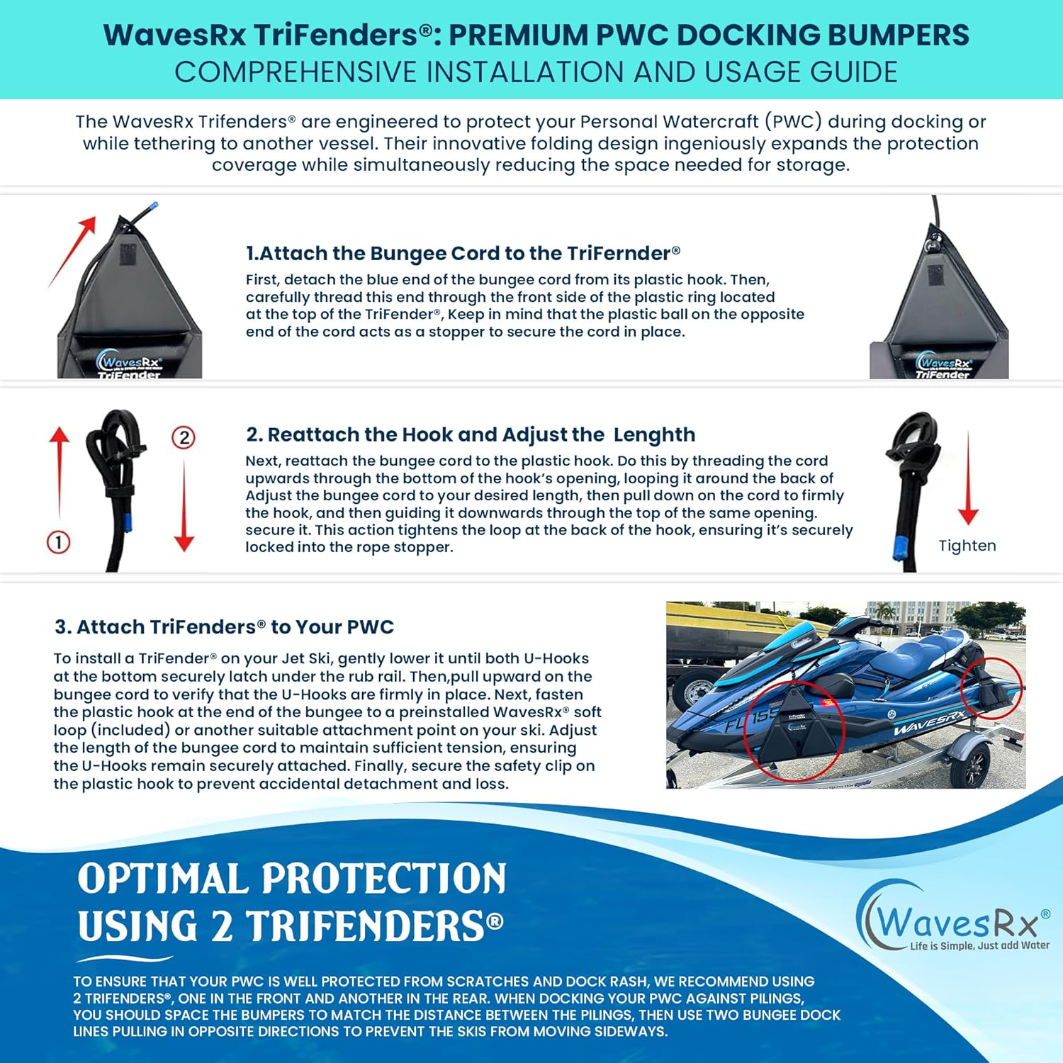 WAVESRX PWC Fender Bumper for Safe Jet Ski Docking | Foldable Easy-To-Store Marine Bumpers Offer Ultimate Protection from Dock Rash and Scratches | Adjustable Length Bungee Cord + Hook & Safety Latch image number 3
