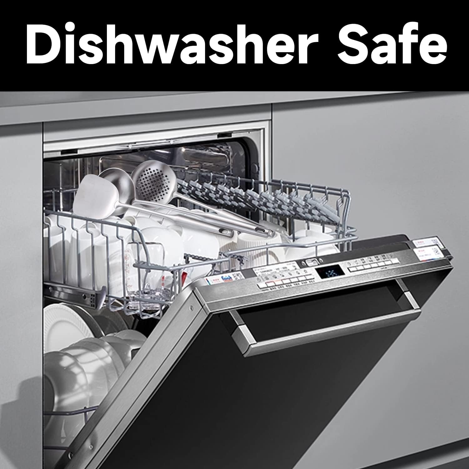 Kitchen Utensils Set Stainless Steel, 6 Pcs Professional All Metal Cooking Utensils Set, Wok Spatula, Ladle, Skimmer, Slotted Spatula Tunner, Spaghetti Spoon, Large Spoon - Brushed image number 2