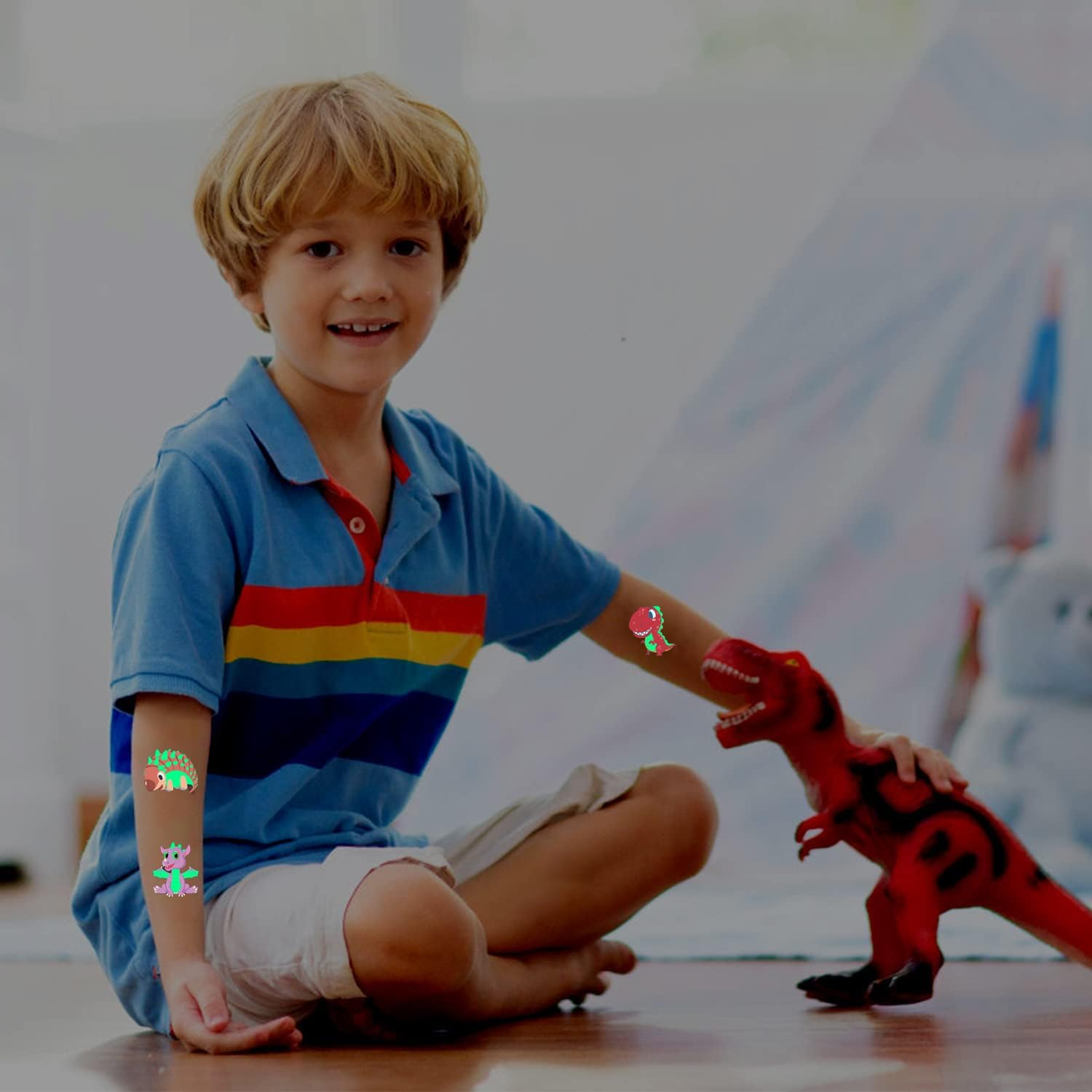 BUYLONG Dinosaur Temporary Tattoos Glow in the Dark Dinosaur Stickers, Temporary Face Sticker Set, Face Makeup Fake-S Tattoos, Birthday Party Supplies Decorations (108 Kinds of Glow) image number 3