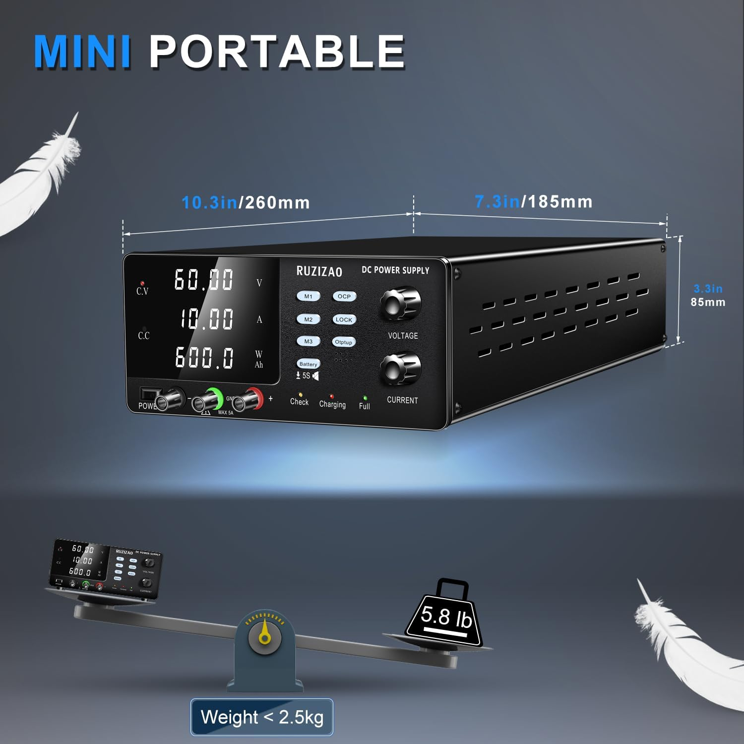 RUZIZAO DC Power Supply 60V 10A Variable,High Power 600W Encoder Regulated Bench Power Supply 6V 12V 24V 36V 48V Lifepo4 Lithium Ion Battery Charger Lab Power Supply Memory/Ocp/Lock Button(Ac 220V) image number 2