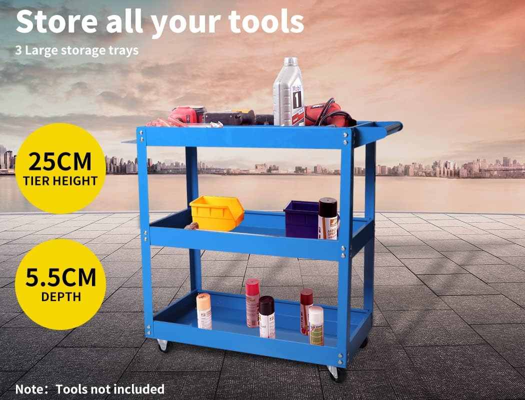 Traderight Tool Cart Trolley 3-Tier Toolbox Workshop Garage Storage Organiser with Wheels, Steel Utility Rolling Cabinet for Mechanics, 150 Kg Load Capacity, Lockable Drawers, Blue image number 5