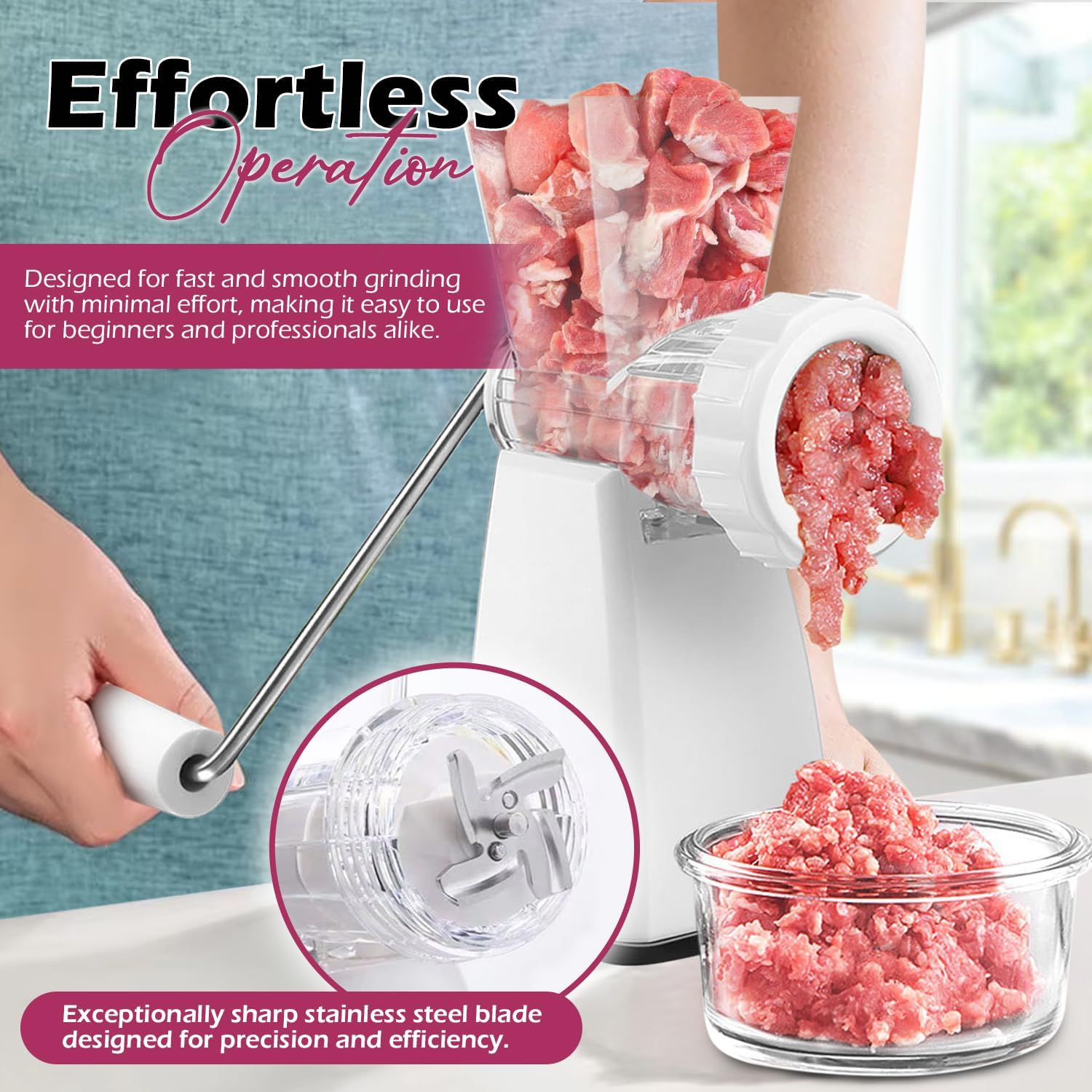 Manual Meat Grinder with Heavy Duty Suction Base &ndash; Stainless Steel Blades 2 Cutting Plates Sausage Stuffer Tube Cookie Dough Shaper & Pusher 3-In-1 Multifunctional Food Mincer for Meat Veggies Baking image number 1