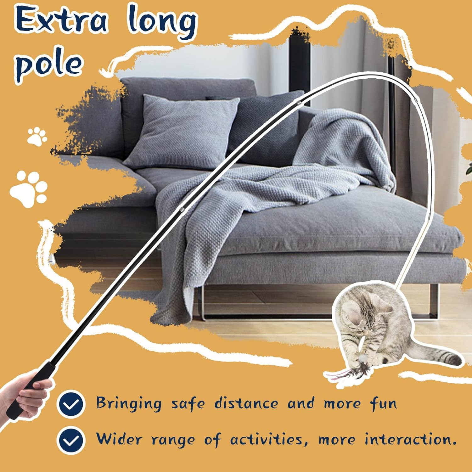 LELE LIFE 1.78M Cat Toys for Full Fun, Interactive Cat Toy for Indoor Cats, 2 Retractable Poles and 8 Cat Feather Toys, Bell Teaser Refills image number 4