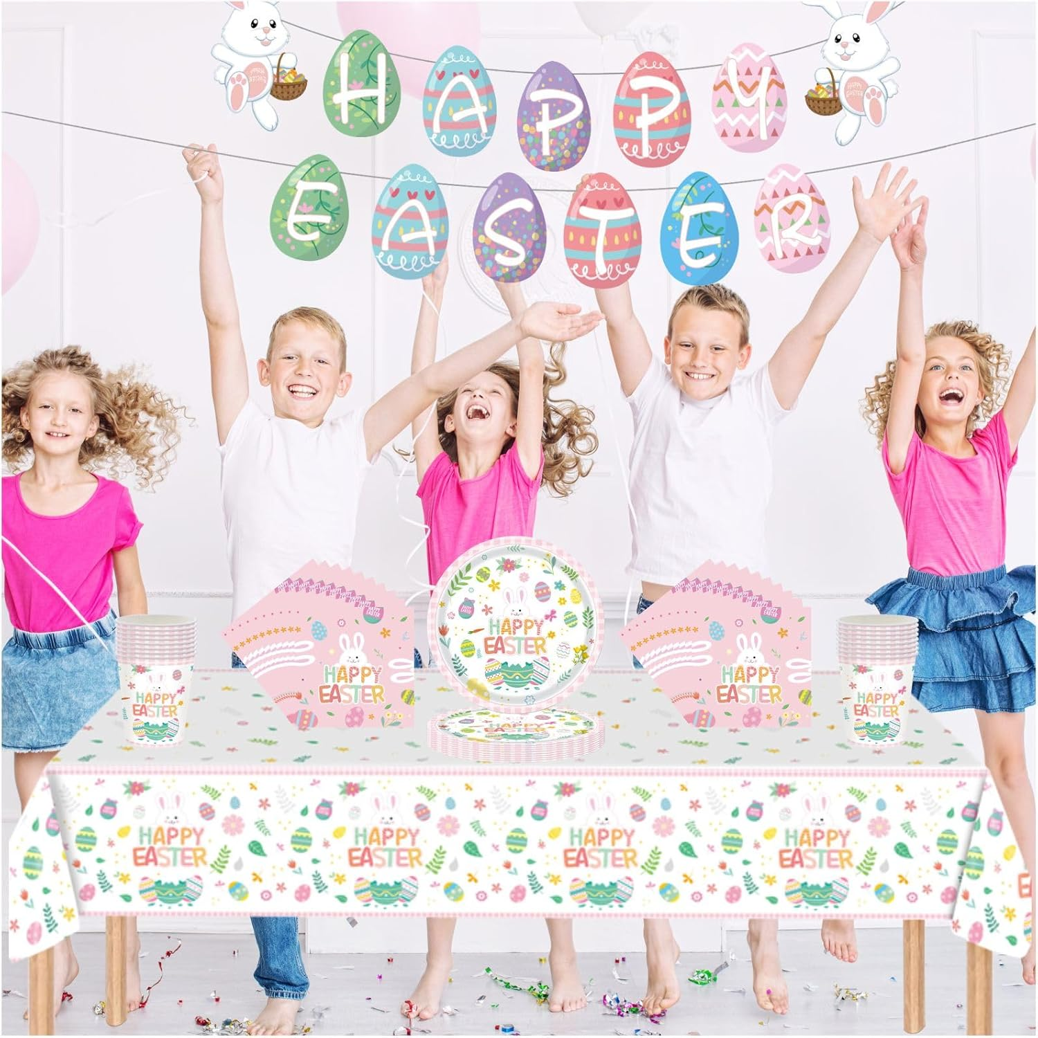 54Pcs Easter Party Tableware Decorations Easter Egg Hunt Cartoon Party Decorations Table Cloth,7Inch Paper Plates,Banner,Paper Napkins for Easter Theme Table Party Favor- Spring Decorations