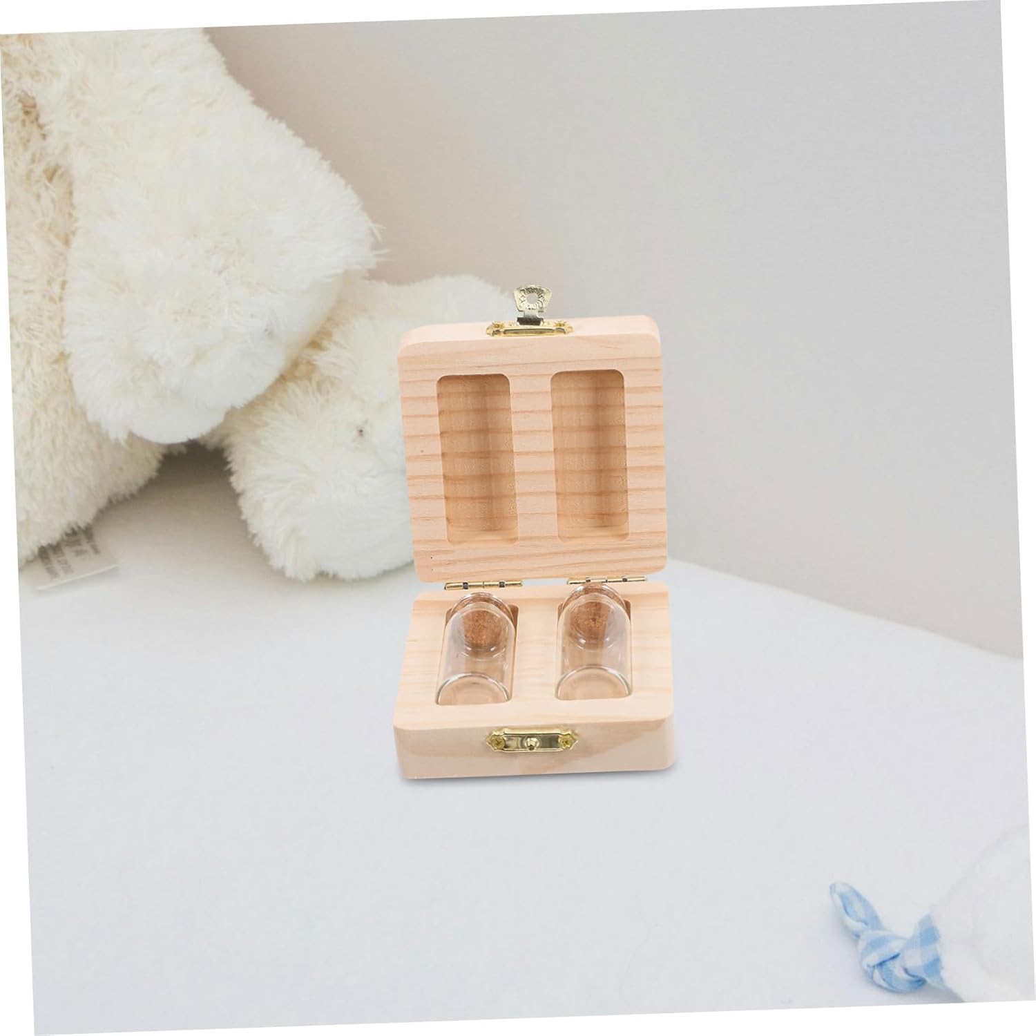 Beaupretty Wooden Fetal Hair and Umbilical Cord Preservation Box for Baby Keepsake 2 Bottle Slots Infant Souvenir Storage Organizer for Newborn Memory Collection image number 4