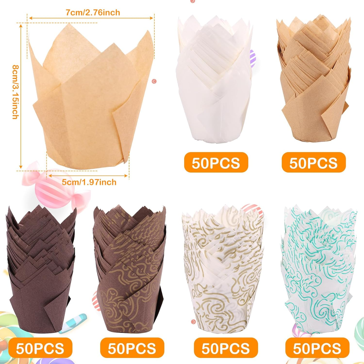 Paper Muffin Liners 300PCS Cupcake Liner Paper Tulip Cupcake Liners Paper Baking Cups Greaseproof Muffin Liners Holders Unbleached Cupcake Liner Bake Choice Nordic Paper for Party Wedding Birthday image number 6