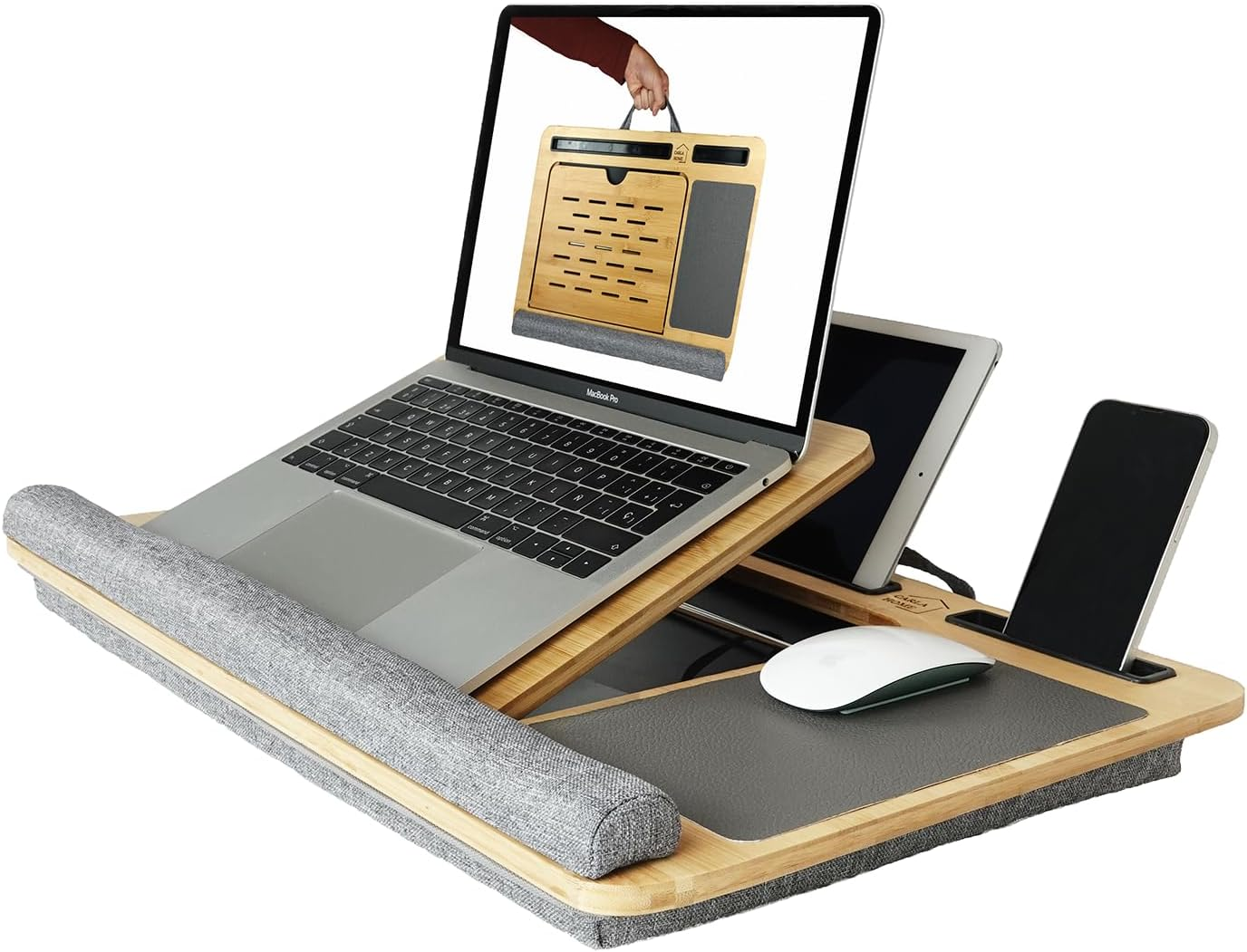 CARLA HOME Bamboo Laptop Lap Desk with Cushion, Angle Adjustable Laptop Computer Stand Bed Desk, Portable Lap Desk W/Handles, Tablet & Phone Holder, Mouse Pad & Shields Heat (Black)