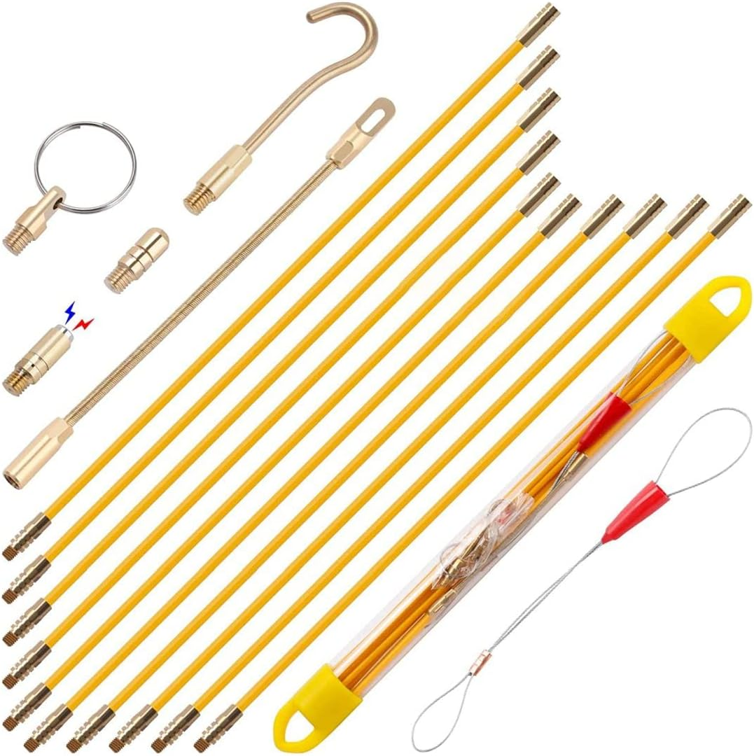 Boeray 11' Fiberglass Running Electrical Wire Cable Pulling Fish Tape Kit with 5 Different Attachments in a Carrying Case