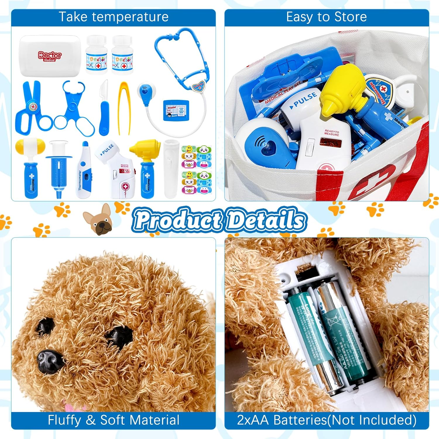 PELOSTA 34PCS Doctor Kit for Toddlers 3-5, Pretend Play Doctor Play Set with Dog Toy, Doctor Costume, Carrying Bag, Stethoscope, Dress up Toys for Kids Boys Girls Aged 3 4 5 6 7 8 (Blue) image number 5