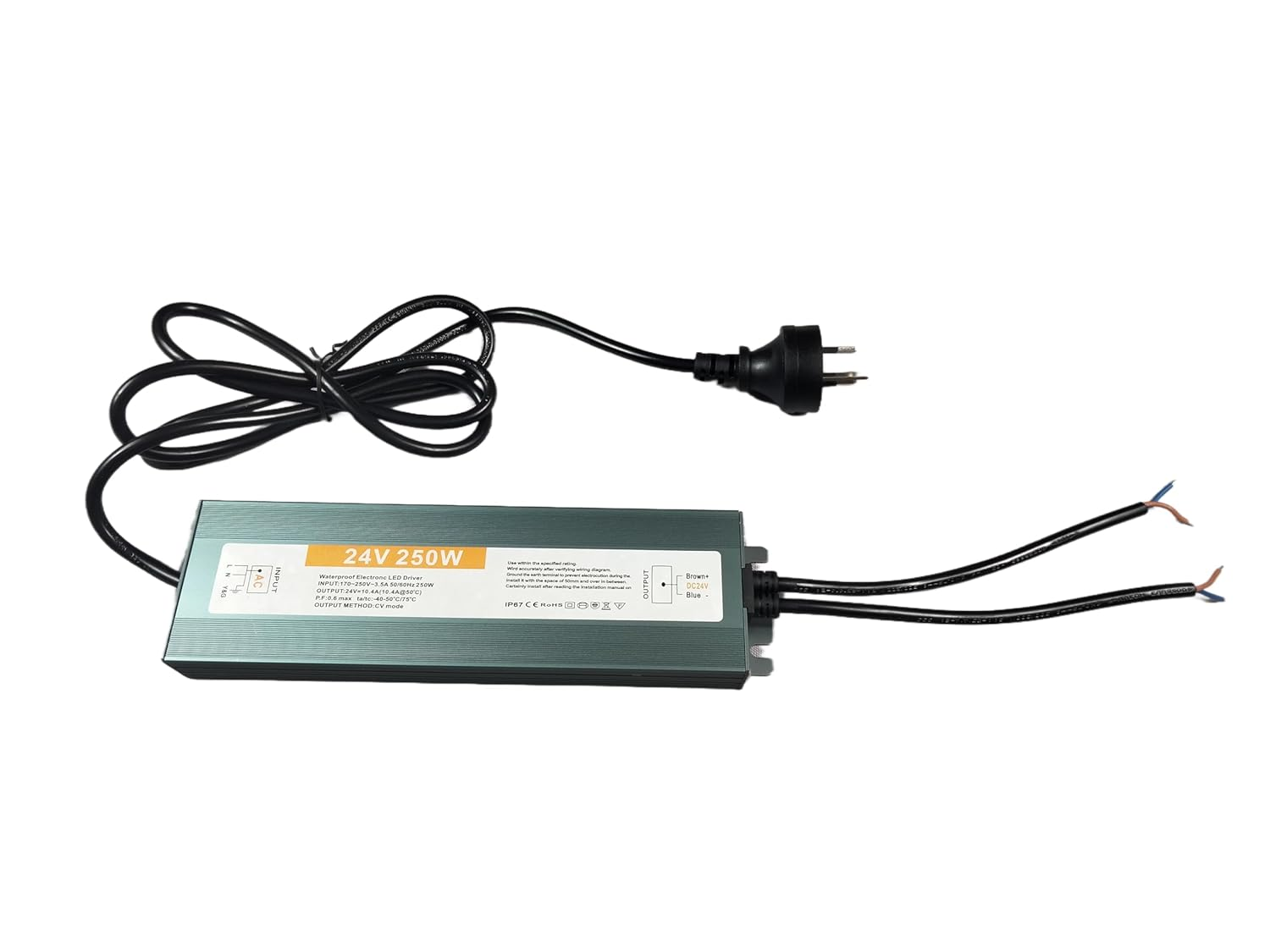 LED Power Supply 24VDC 250W IP67 Waterproof, Universal Input AC170-250VAC, with Standard Plug 130Cm Length,24V DC Constant Voltage Output LED Transformer Driver for Outdoor LED Lights