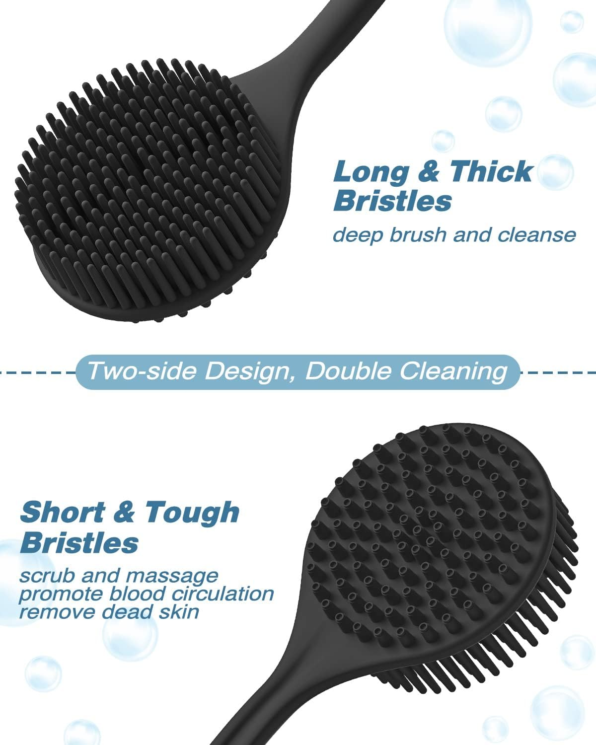 Manmihealth Silicone Back Scrubber for Shower(Thick Bristles), Body Scrubber with 15'' Long Handle, Light & Easy-To-Hold Shower Brush for Skin Exfoliating and Massaging, Not Good in Lathering.(Black)