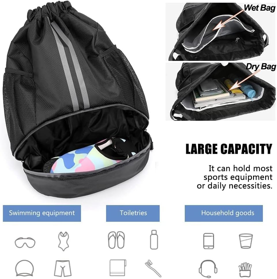 Drawstring Backpack Sports Gym Bag with Shoes Compartment, Waterproof Draw String Back Bag for Men Women - Black-1 image number 4