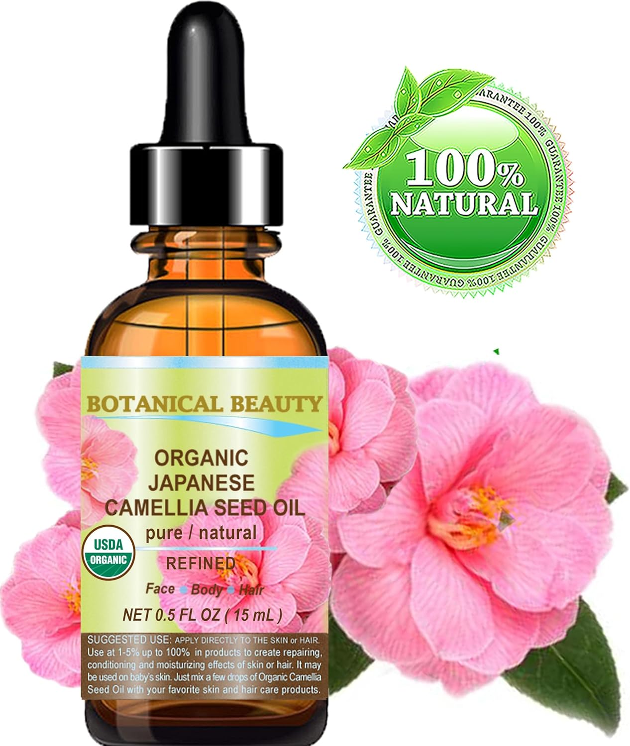Botanical Beauty Japanese ORGANIC CAMELLIA Seed Oil. 100% Pure Natural Undiluted Refined Cold Pressed Carrier Oil to Revitalize and Rejuvenate the Hair, Skin and Nails. 0.5 Fl. Oz 15 Ml image number 3