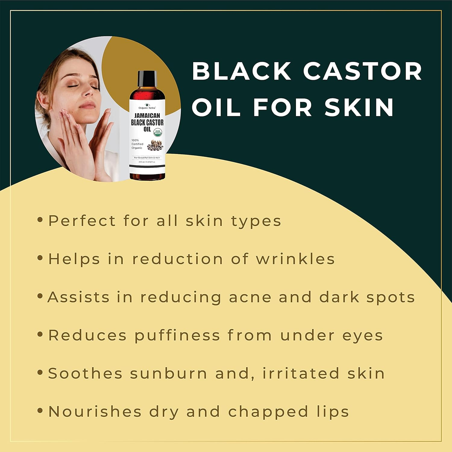 Organic Netra Cold Pressed Jamaican Black Castor Oil for Hair Growth for Healthy, Thick and Black Hair Reduces Acne Marks and Fine Lines for All Hair and Skin Types, 250Ml