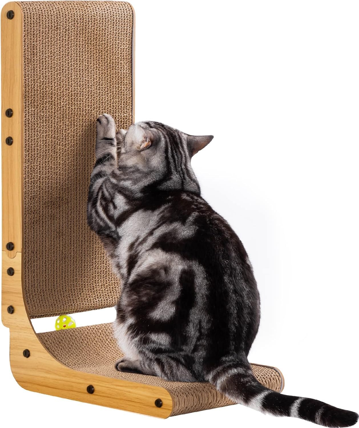 Poils Bebe L Shape Cat Scratcher, 26.8 Inch Cat Scratchers for Indoor Cats, Protecting Furniture Cat Scratch Pad, Cardboard Cat Scratching with Ball Toy, Catnip, Large (L Cat Scratcher)