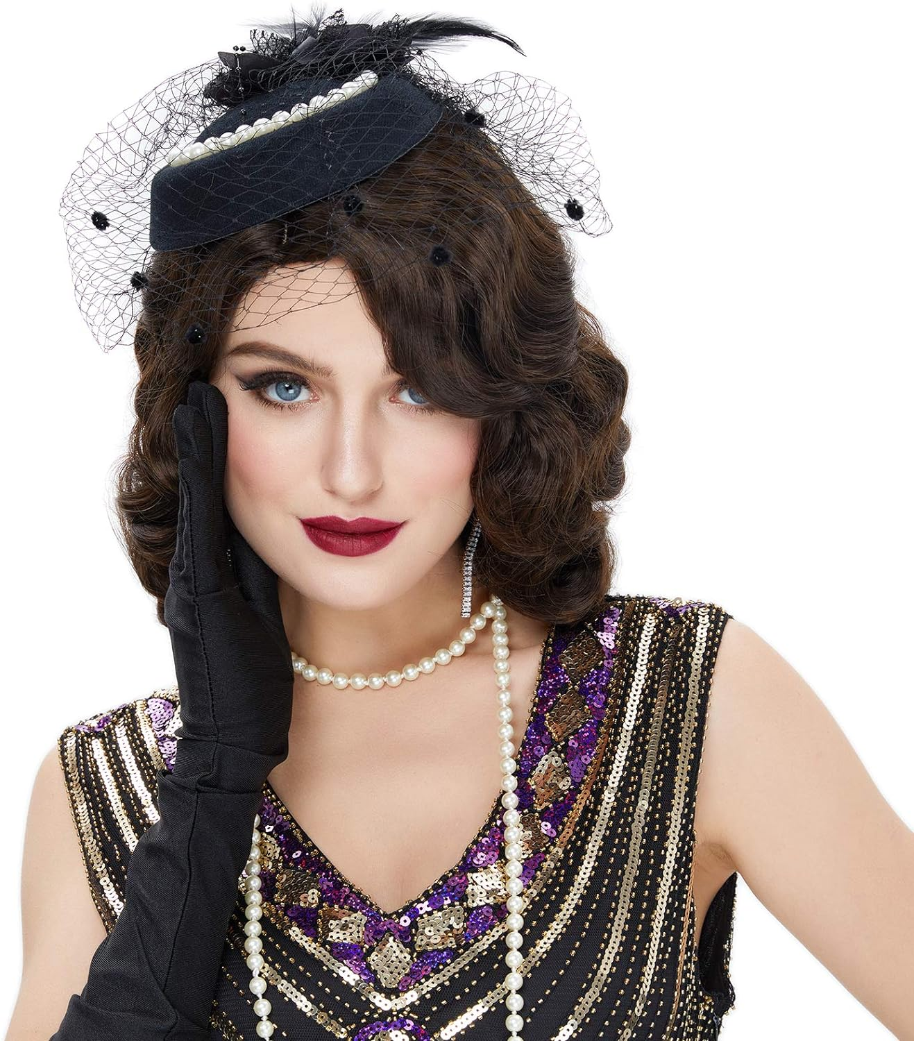 Stfantasy 1920S Brown Retro Finger Wave Wigs Long Curly Natural Wavy Synthetic Wig for Women Daily Costume Party (4357#6)&hellip; (Brown) image number 6