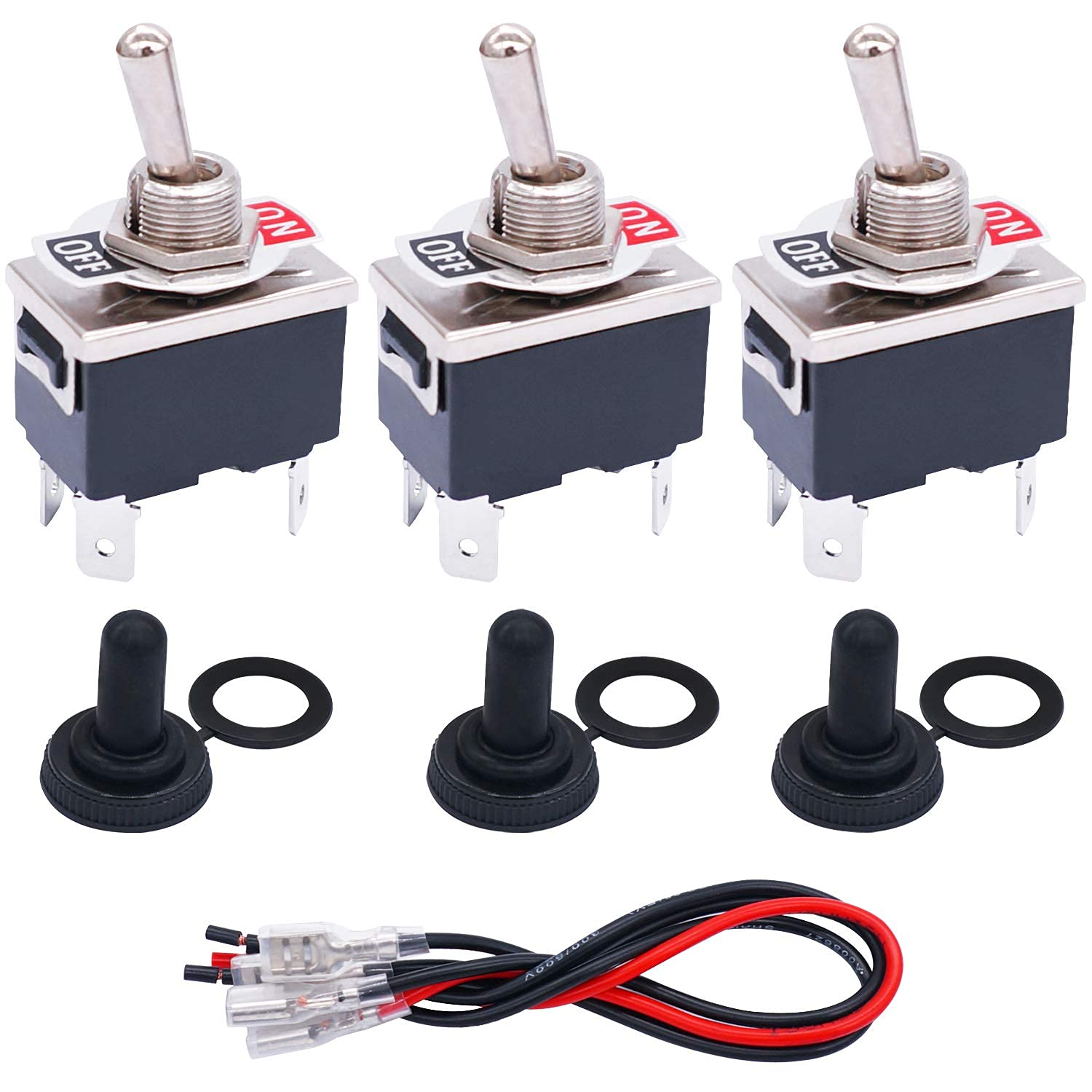 Taiss/3 Pcs Rocker Toggle Switch Heavy Duty 4 Pin 2 Position On/Off DPST 16A 250VAC Spade Terminal Metal Bat Switch with Waterproof Boot Cap and 6.3Mm Terminal Wires TEN-1221MX-B201 image number 6