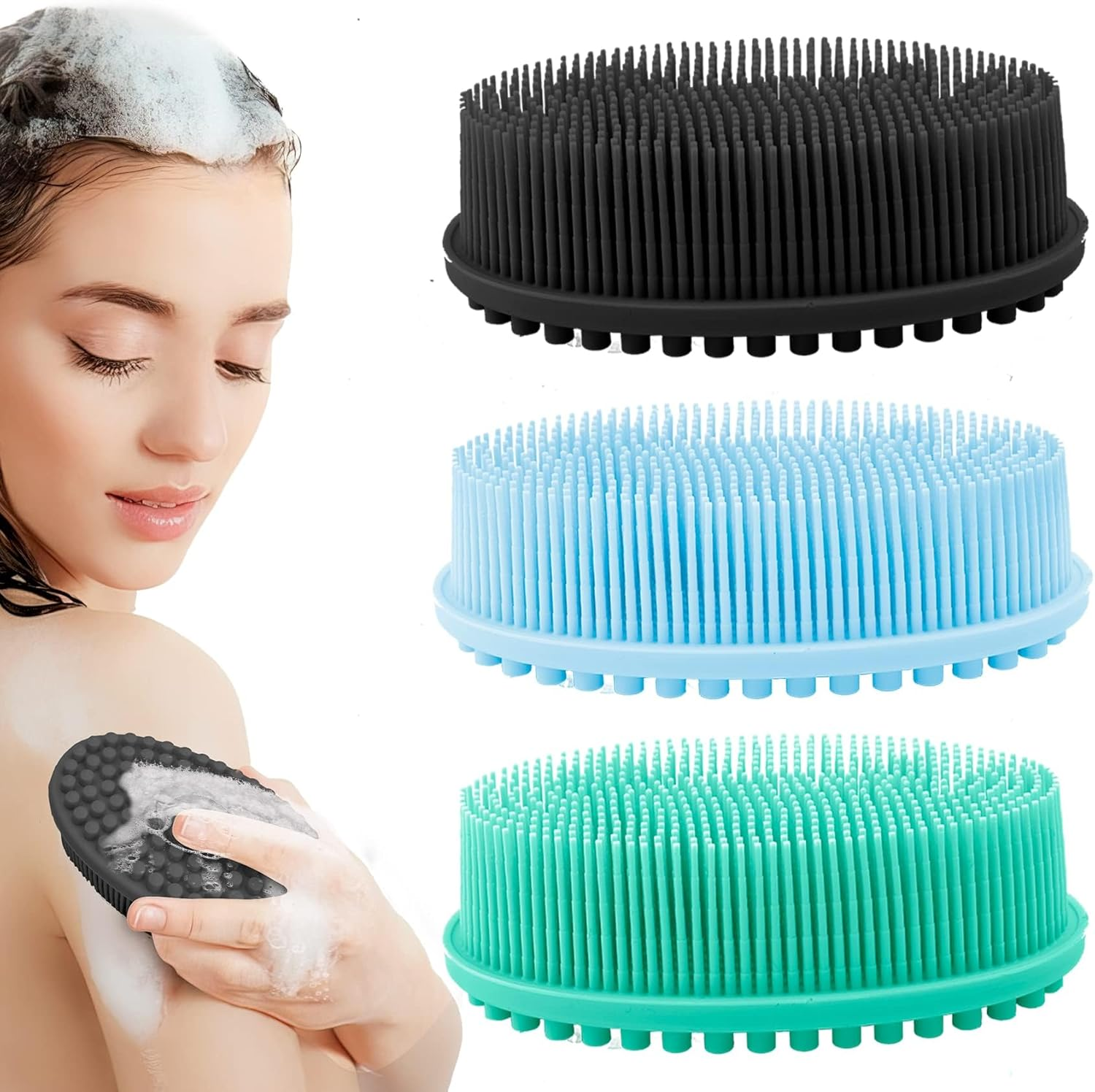 Silicone Scrub, 3PCS Body Scrub, Silicone Shower Body Brush, Bath & Shower Brush, Soft Silicone Loofah Exfoliator (Pink + Green + Blue) image number 2