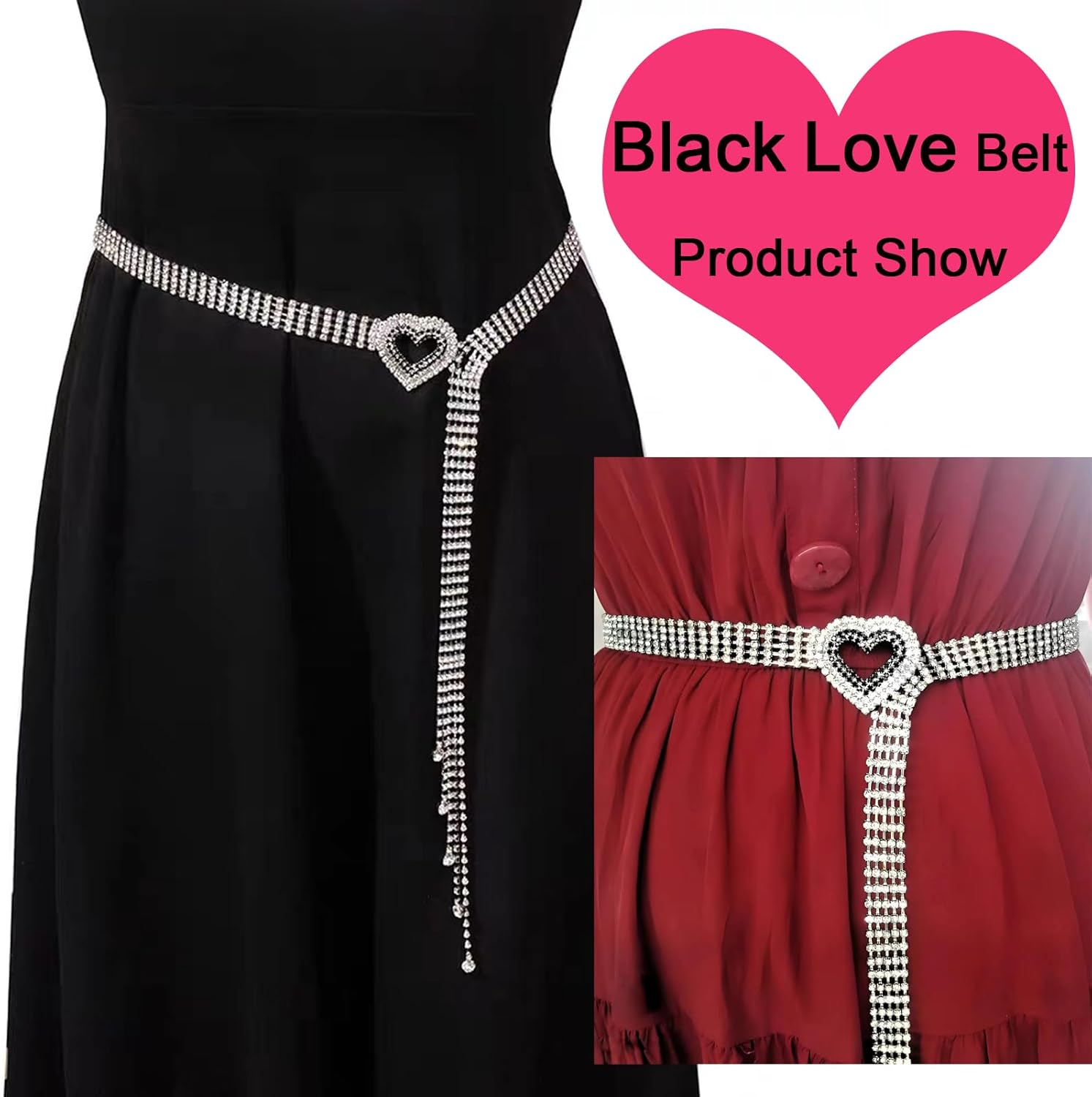 1 PCS Crystal Diamond Belt Elegant Women'S Belt Full Rhinestone Tassel Decorative Belt Heart Shaped image number 4