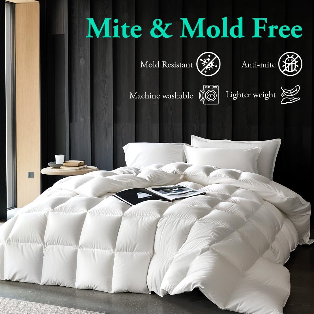 ZUNI Goose Feather down Comforter Queen Size, 500GSM All Seasons Goose Quilt, 100% Cotton Cover, Lightweight Soft Cotton Cover Home Bedroom Bed Travel Hotel Bed Comforter, Machine Washable, White image number 3