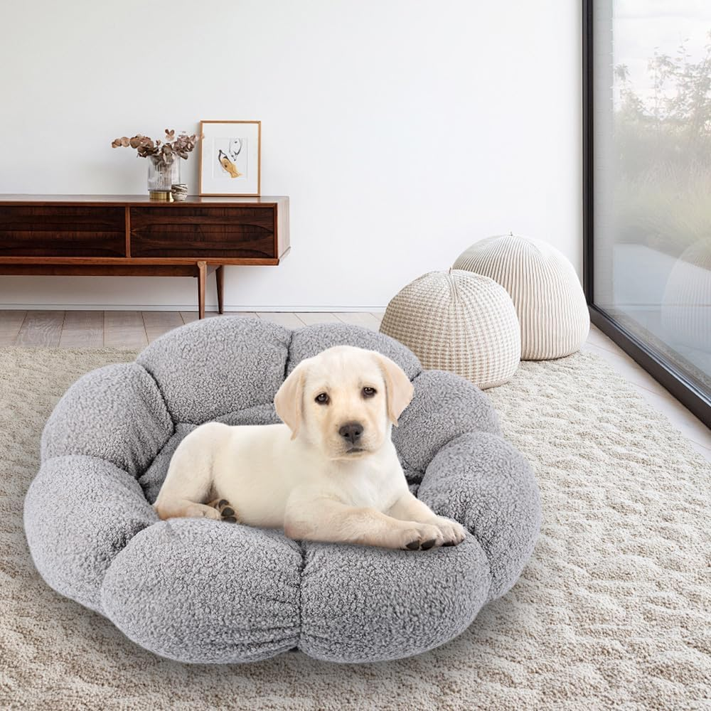 Calming Cat Beds for Indoor Cats Cute Flower Pet Beds in Teddy Sherpa Plush Non-Slip Dog Cat Beds Fits up to 15 Lbs Machine Washable Grey 20" image number 1