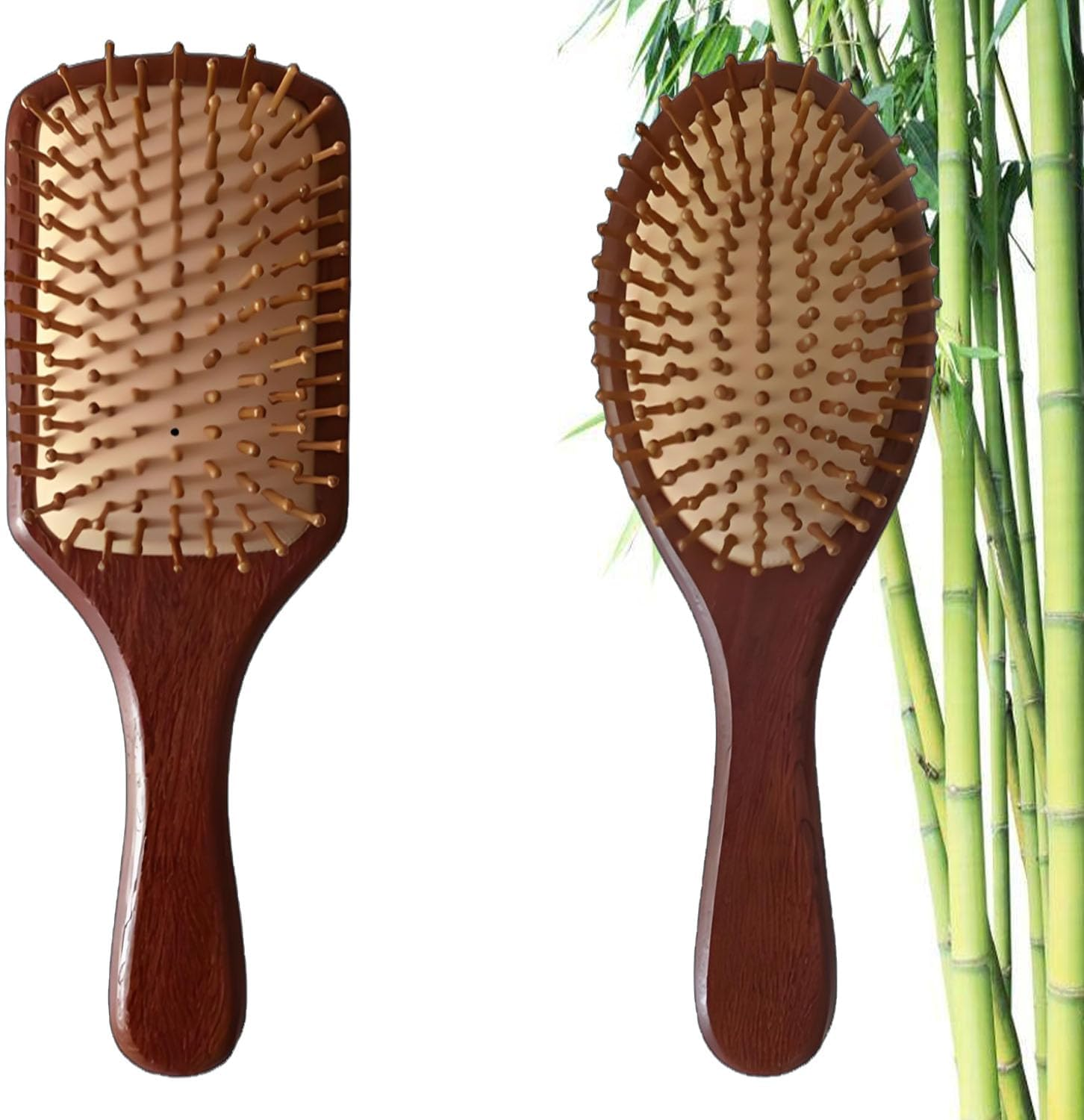 Natural Bamboo Hair Brush 2-Pack - Wide Tooth Comb & Detangling Brush for Women & Men，Anti-Frizz Static Reduce Hair Breakage，Wet/Dry Use for Straight Wavy Curly Thick or Fine Hair