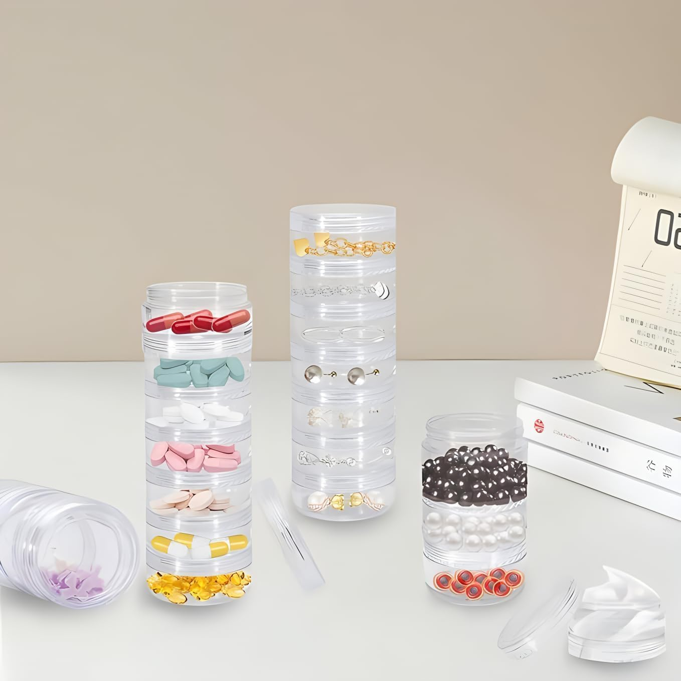 4 Set 7 Layer Stackable Travel Containers,0.35Oz Leakproof Plastic Containers with Lids for Creams, Lotion,Lip Balm, Skincare and Small Bead Jewelry
