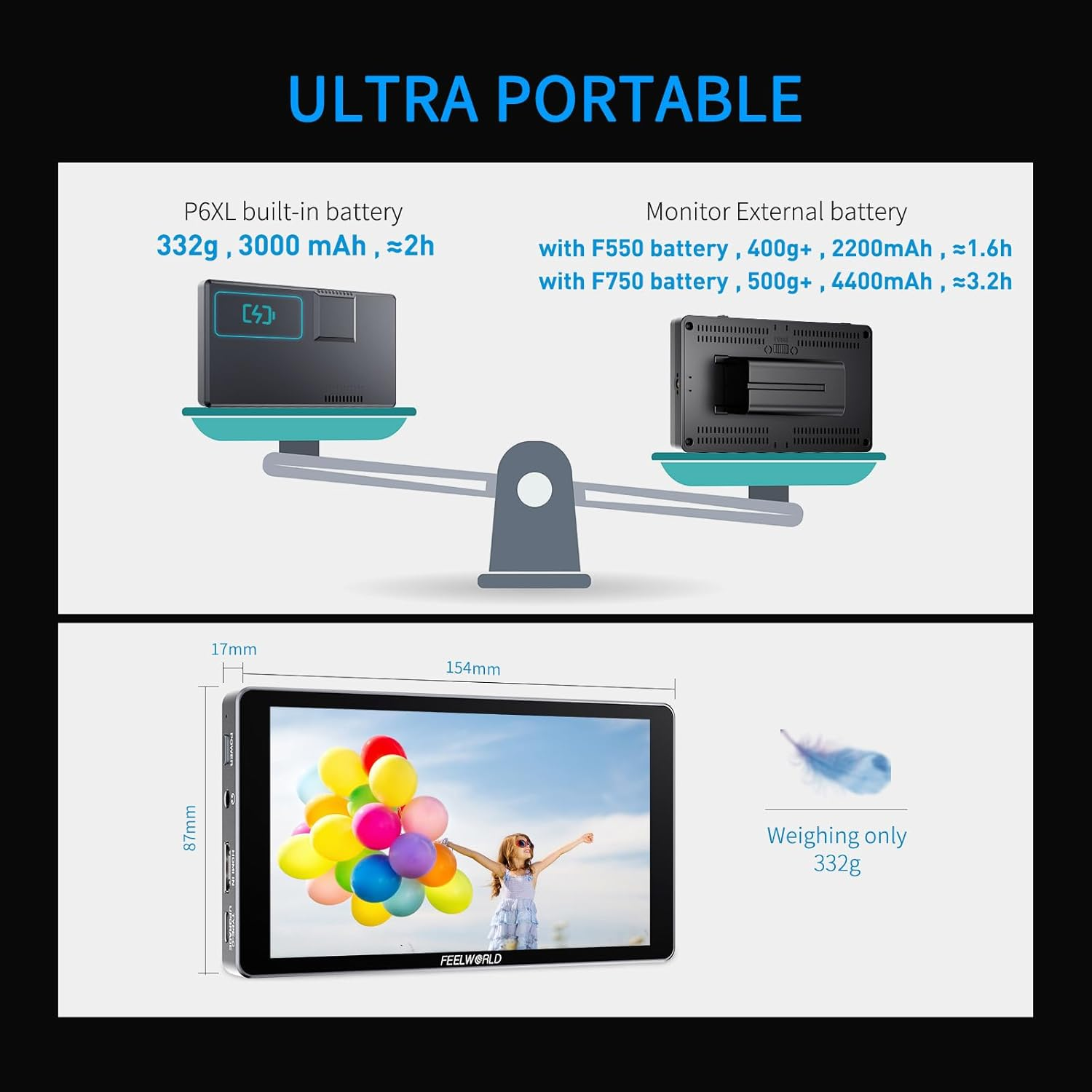 FEELWORLD P6XL 6 Inch Built in Battery Aluminium 1200Nit Camera Field DSLR Monitor Touchscreen High Brightness Waveform 3D LUT HDR 4K HDMI Input Lightweight