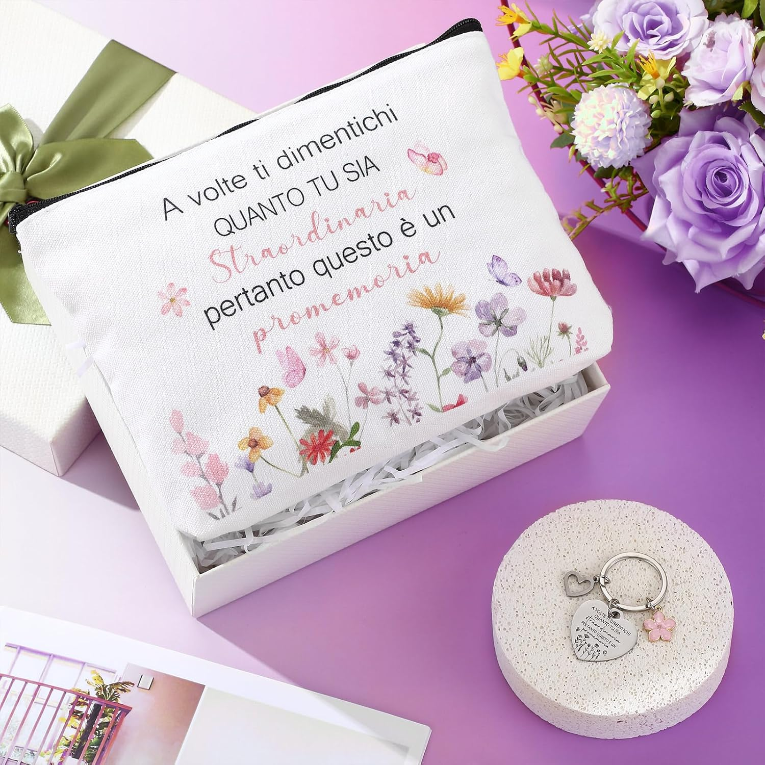 Xuniea Set of 2 Motivational Gift Set for Women Friends Colleagues Inspirational Cosmetic Bag with Floral Pattern Keyring with Flower Pendant for Teacher Birthday School Graduation Farewell image number 6