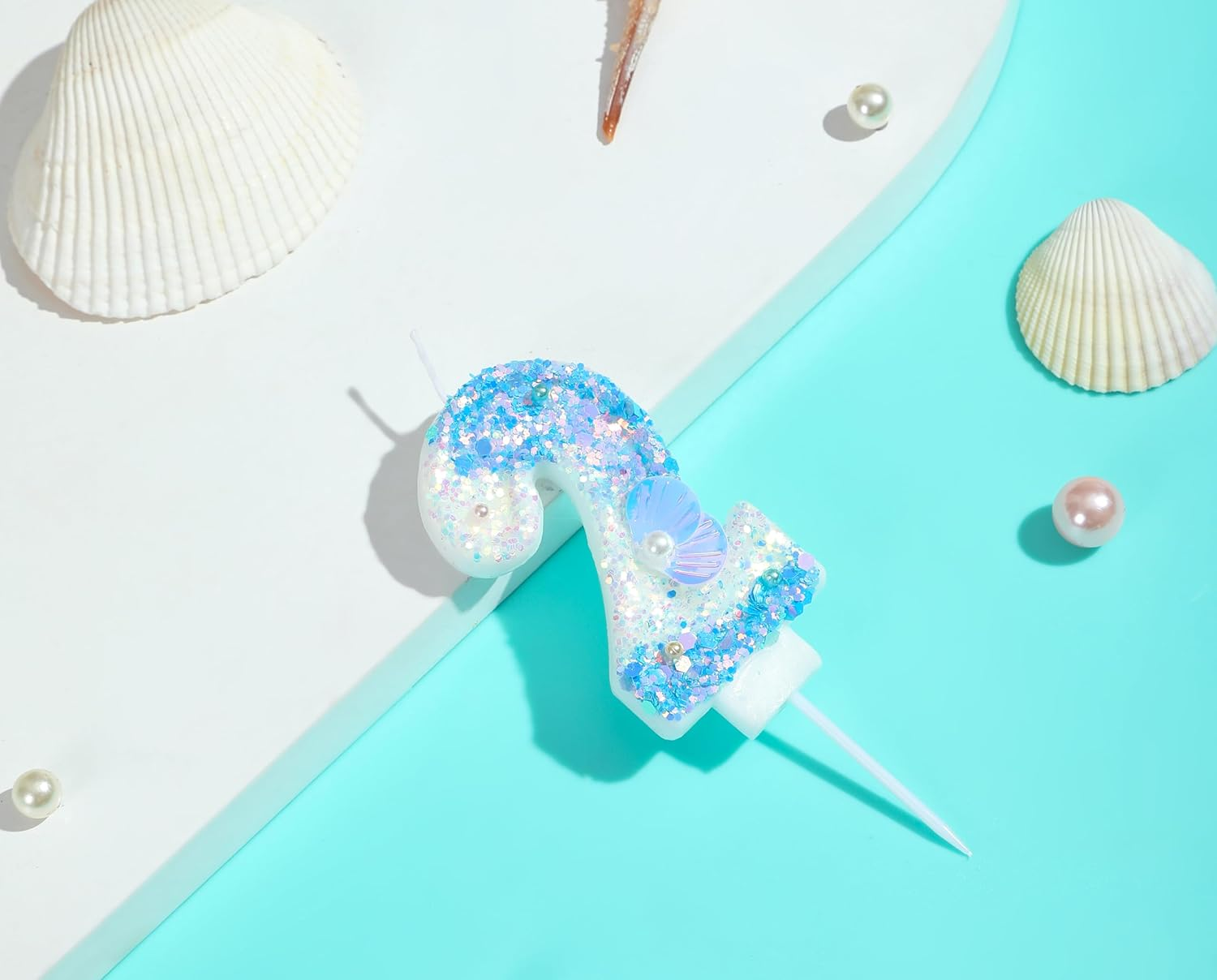Number 2 Candle with 3D Sea Shell and Frozen Blue Sequins Glitters for Boy Girl Happy 2Nd Mermaid Birthday Party Decorations and under the Ocean Sea Themed Supplies image number 2