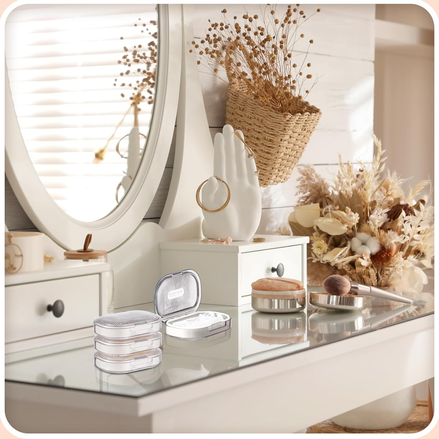 Kigley 4 Pcs Hair Tie Container Small Portable Travel Cotton Swab Holder Flosser Dispenser with Lid Plastic Box Beads Storage Containers for Small Items, 3.94 X 2.76 Inch (White)