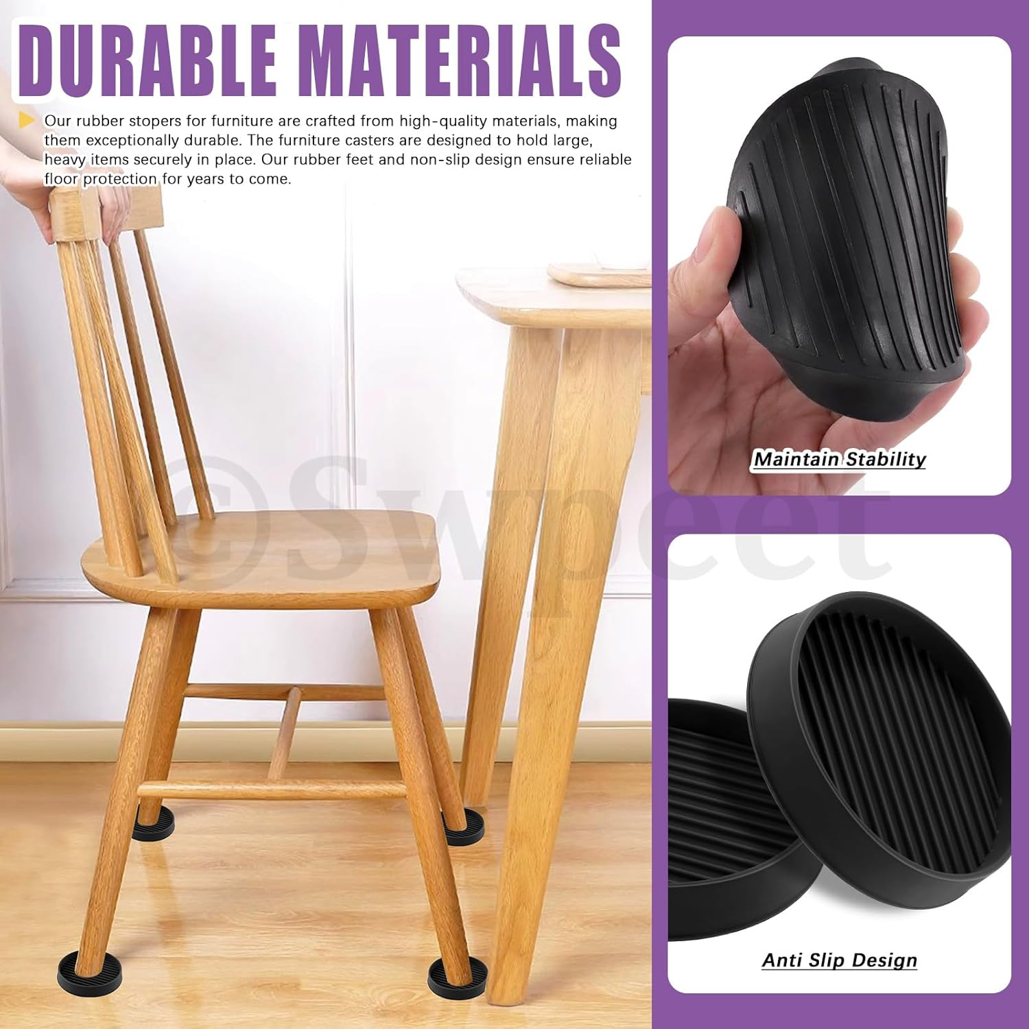 Swpeet 4Pcs 3" X 3" round Black Rubber anti Skid Caster Cups Non Slip Furniture Pads Kit, Anti-Slip Gripper, anti Skid Furniture Feet anti Slide Floor Stoppers for Bed Couch Table Chair Stoppers image number 5