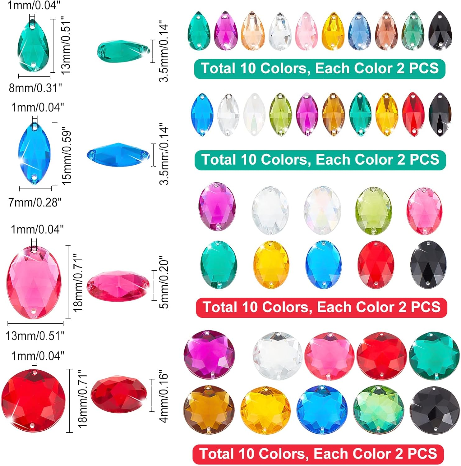 Pandahall Elite - 80 Pieces 10 Colours Rhinestone Acrylic Left Acrylic Rhinestone 2 Holes Rhinestone Sewing for Jewellery, Flat Back and Facets, 4 Shapes