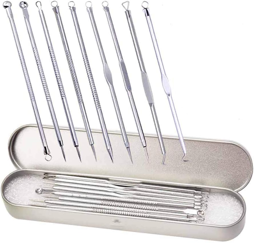 9-Piece Blackhead Remover Tool Kit, Professional Pimple Extractor Comedone with Leather Case - Stainless Steel Blemish Acne Removal Tools for Face, Safe on Sensitive & Oily Skin