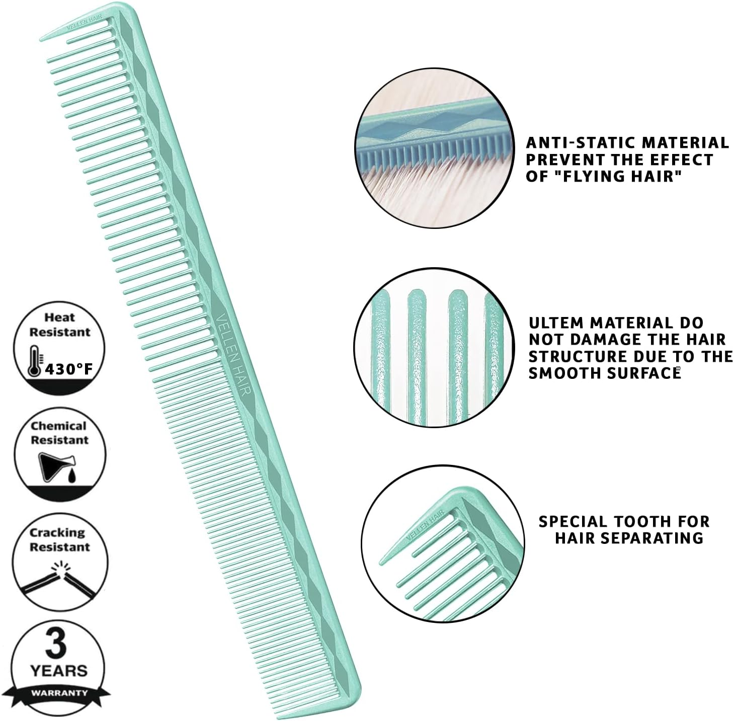 Vellen Hair Ultimate Cutting Comb 7 Inch for Men Women, Unbreakable PEI Material 430&deg;F Heat Resistant Barber Styling Combs for Hairdressers, Little Combs Fine Teeth and Extra Wide Tooth Combs (Single) (Mint) - Green image number 6