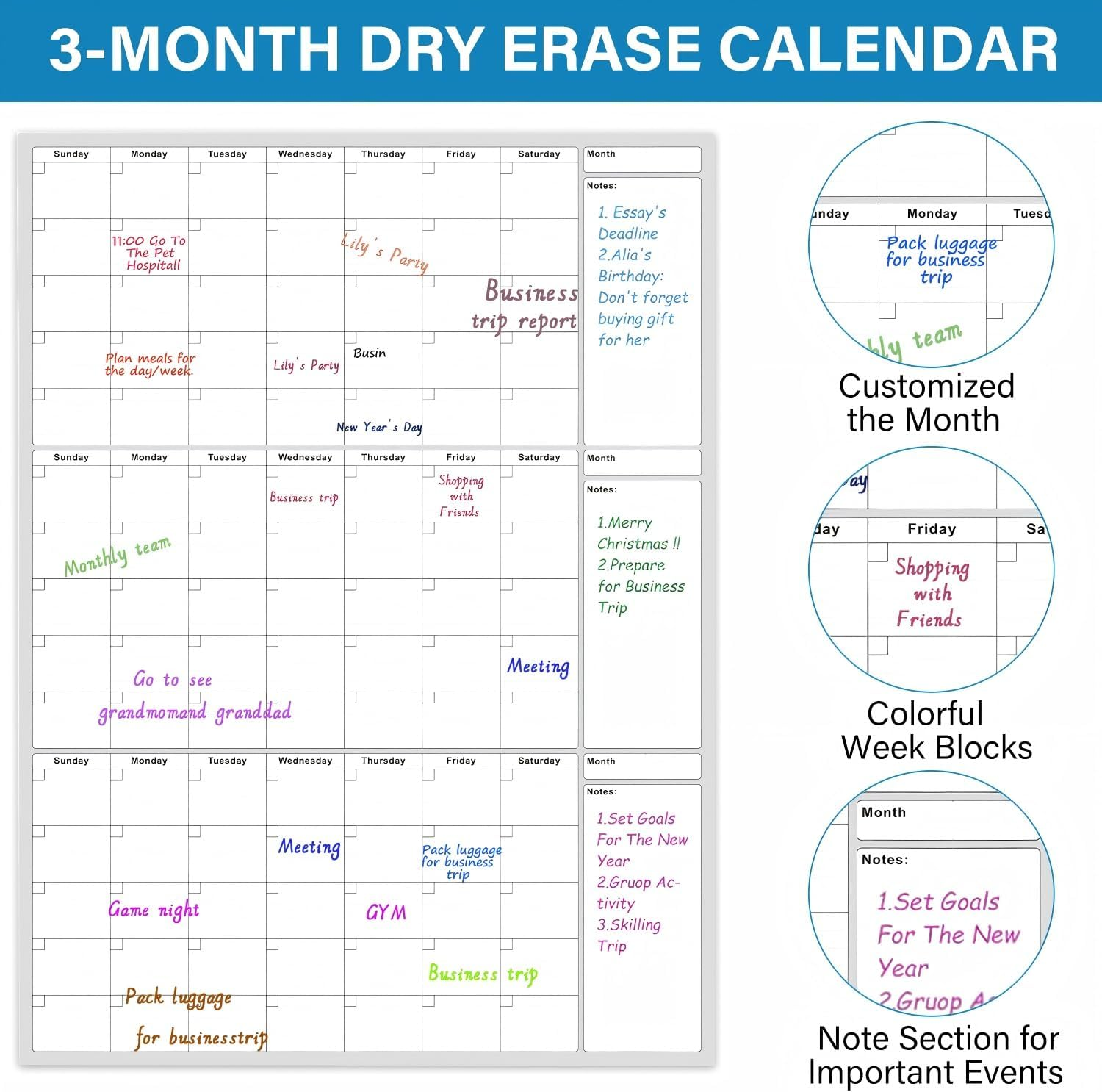 Large Dry Erase Calendar - Undated 3 Monthly Wall Calendar Laminated, 48" X 32", Blank Reusable Calendar Planner with Large Daily Boxes, Notes, Stickers, Great for Home, Office, Classroom, Grey image number 5