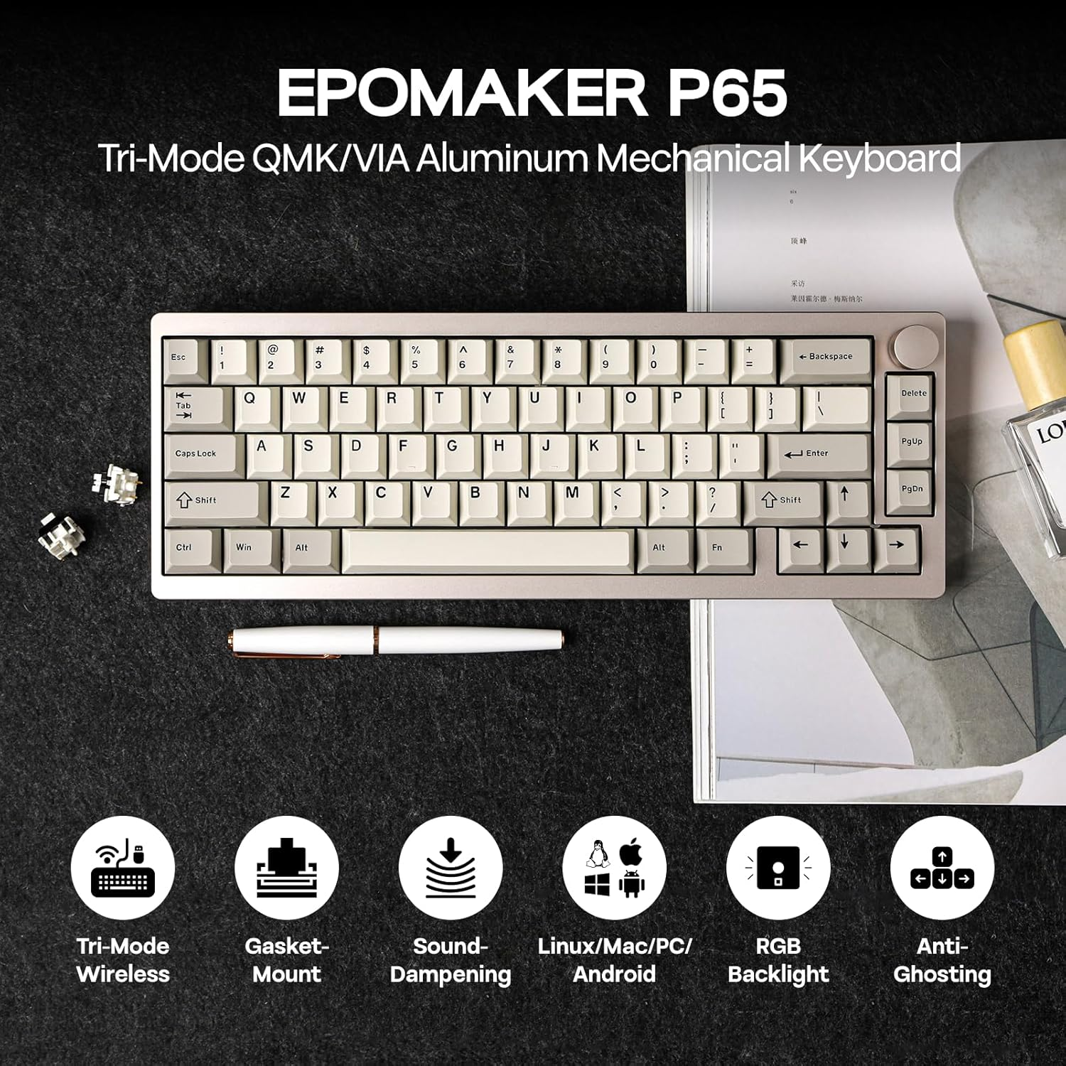 EPOMAKER P65 QMK/VIA Wireless Aluminum Gaming Keyboard, Gasket-Mount, Bluetooth/2.4Ghz/Usb(A to C), Hot Swappable, N-Key Rollover, for Mac/Pc/Ps/Xbox (Khaki, Zebra Switch) image number 3