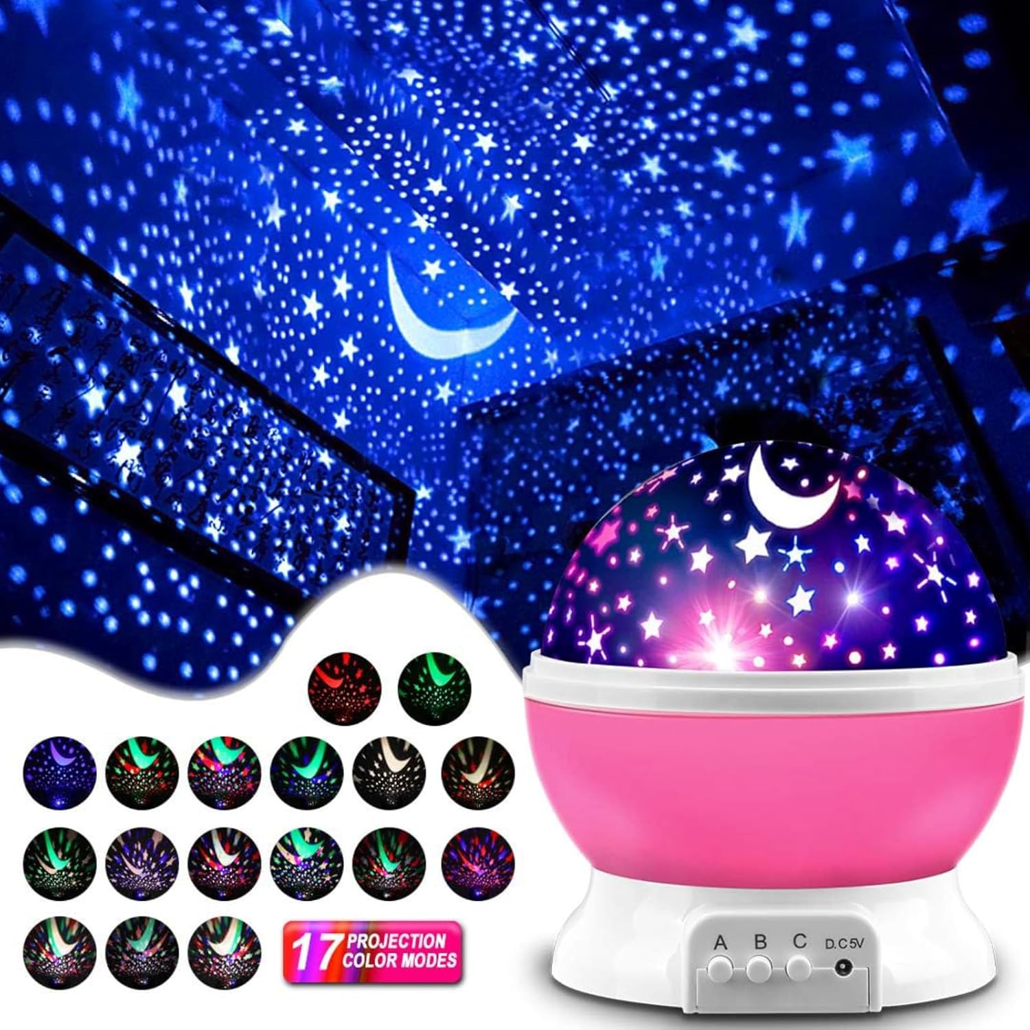 RIKONDA Pink Star Projector Night Light for Kids - Rotating Starry Sky & Moon Lamp, Usb/Battery Powered, Bedroom Decor Gift Girls & Boys Ages 1-14 (15Cm X 13Cm, 300G) image number 3