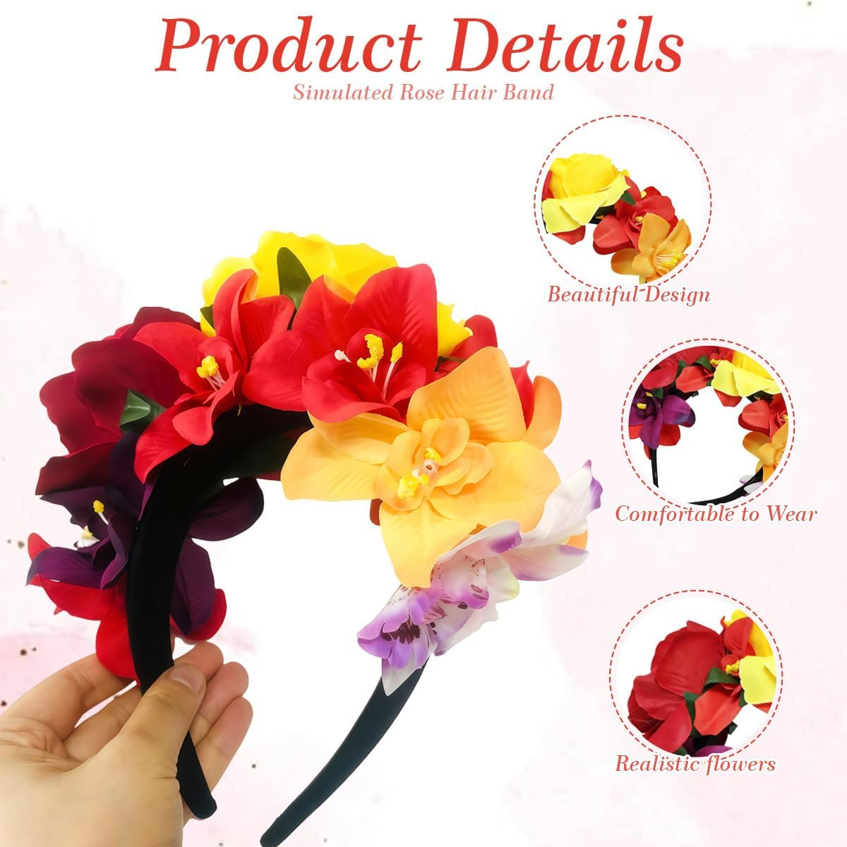 Mexican Flower Crown Headband Halloween Flower Headband Bohemia Floral Hairband Rose Flower Crown Party Costume Day of the Dead Headpiece Cosplay Hair Accessories image number 1