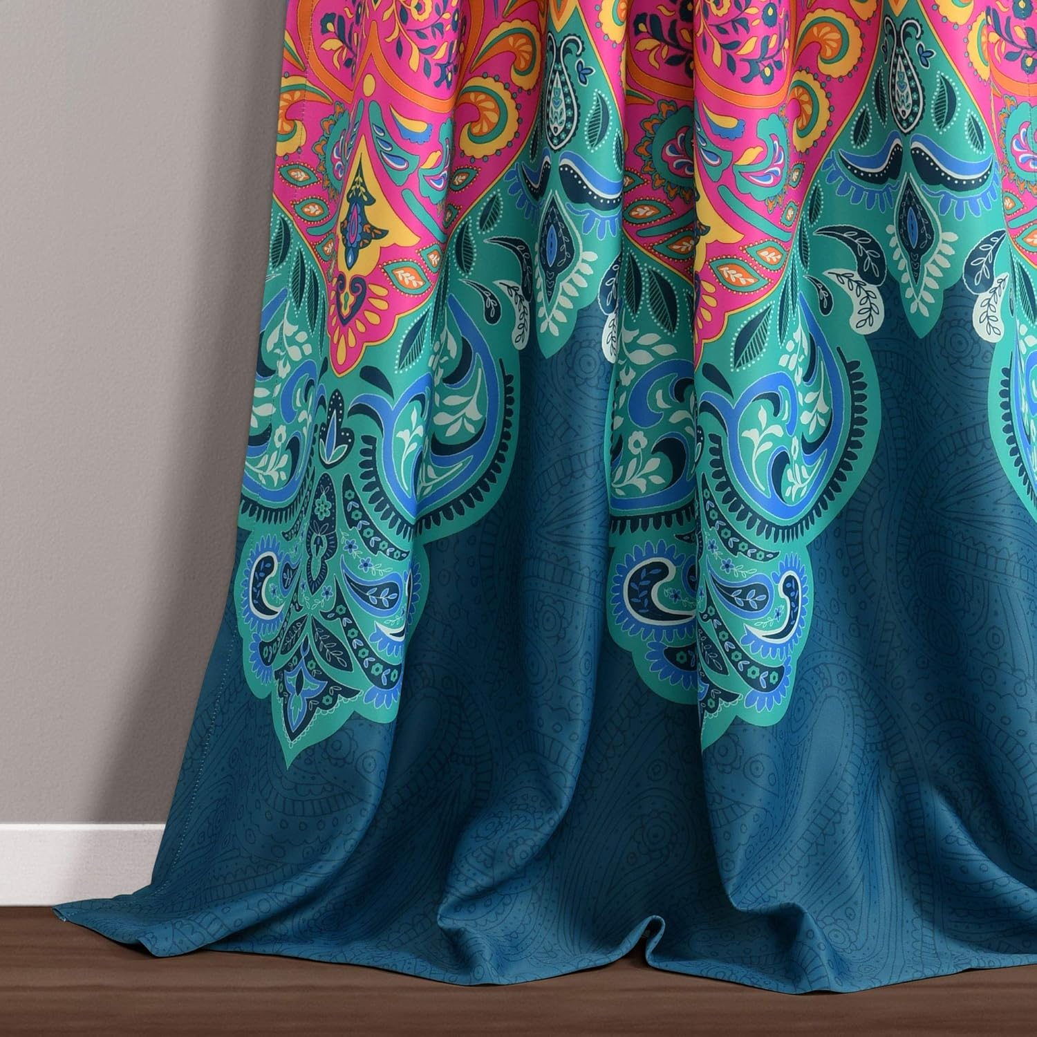 Lush Decor Boho Chic Room Darkening Window Curtain Panel Pair, 95" X 52" + 2" Header, Turquoise and Navy, 95 in X 52 In, Turquoise & Navy image number 1