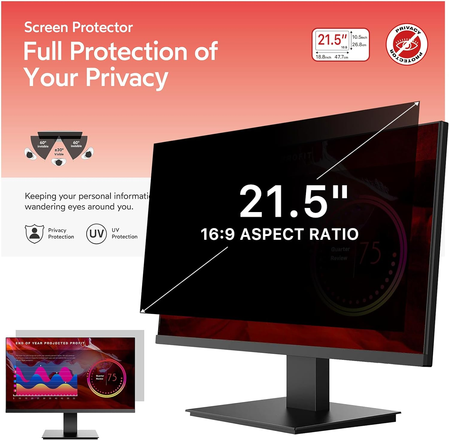 BERSEM 21.5 Inch Monitor Computer Privacy Screen Filter for 16:9 Ratio,Removable Monitor Anti-Glare & Privacy Filters for 21.5 Inch, anti Blue Light, Anti-Spy, Anti-Scratch, Uv-Blocking image number 5