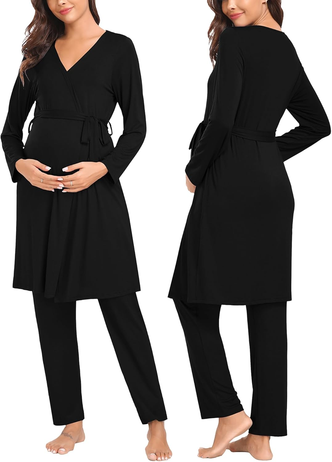 SWOMOG Maternity Nursing Robe Set 3 Piece Postpartum Breastfeeding Pajamas 3 in 1 Hospital Labor Delivery Pregnancy Pjs image number 6