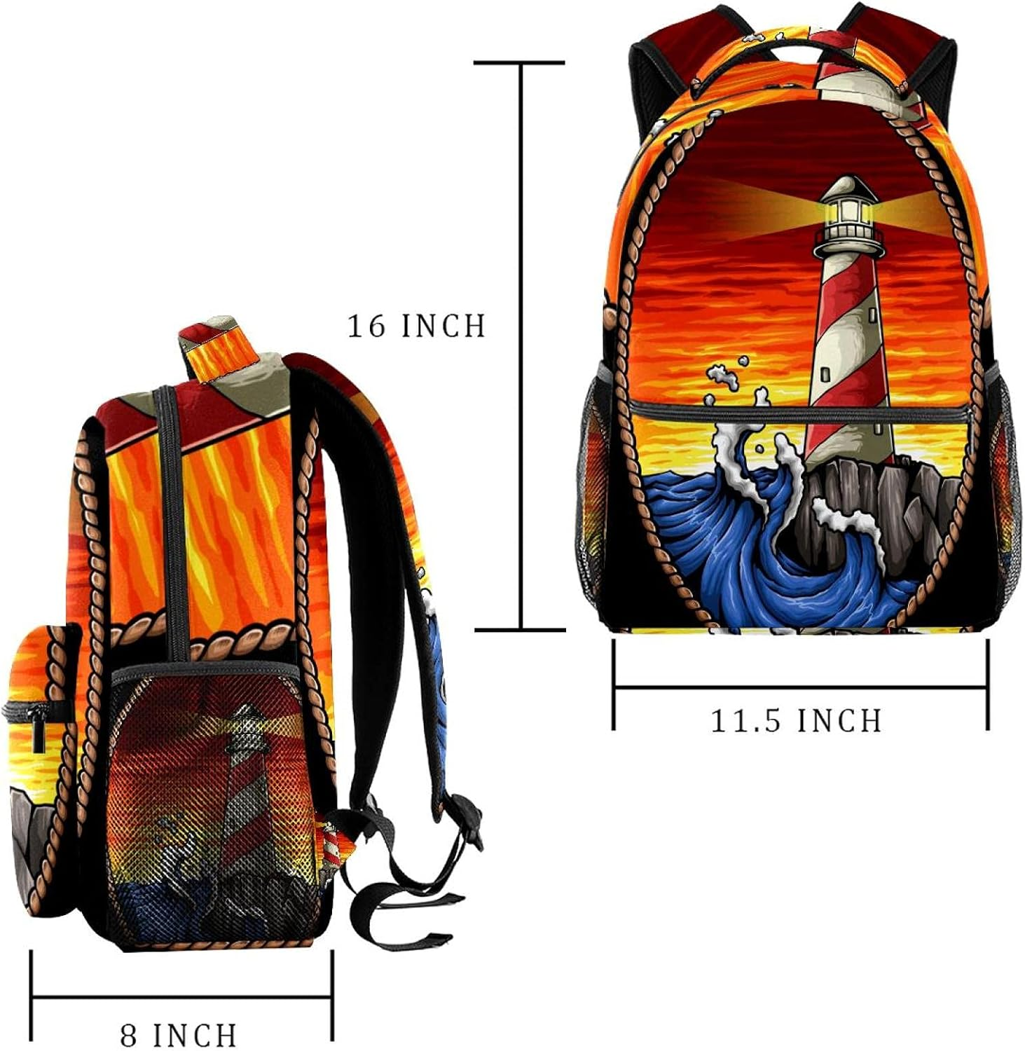 Lighthouse in the Sunset with Wave and Rock Backpack Students Shoulder Bags Travel Bag College School Tote Backpacks image number 3