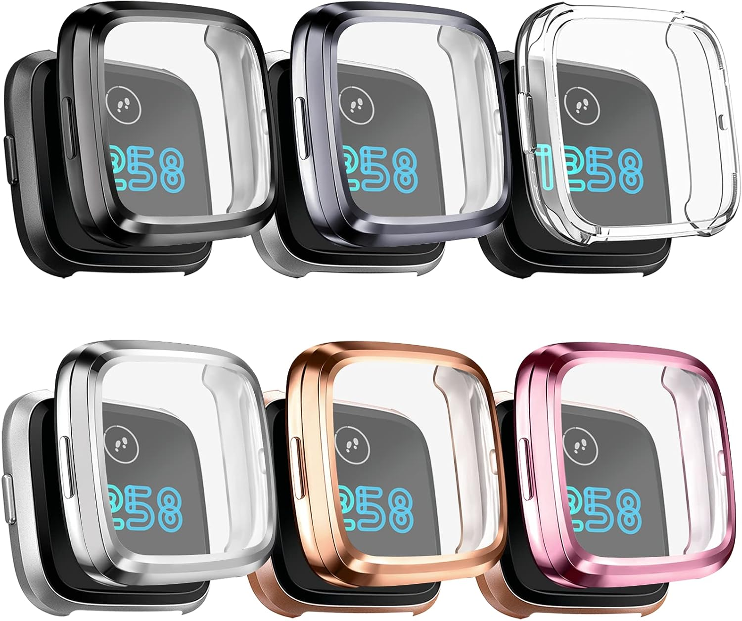 Mugust [6 Pack] Screen Protector Compatible with Fitbit Versa 2 Case, TPU Plated Full around Protective Case Cover (Black, Space Gray, Silver, Rose Gold, Rose Pink, Clear)