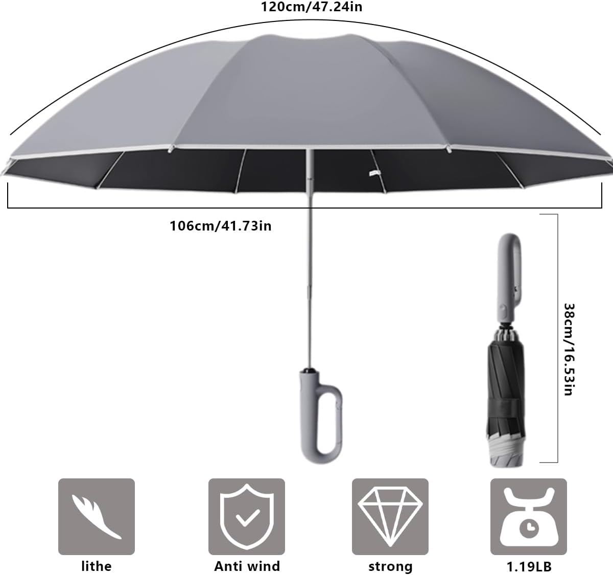 Large Windproof Automatic Open/Close Travel Folding 49&lsquo;&rsquo; Umbrella Compact Sun Rain 99 UV Protection Lightweight Portable Outdoor Carabiner Handle Design Golf Umbrellas Men Women Kid image number 3
