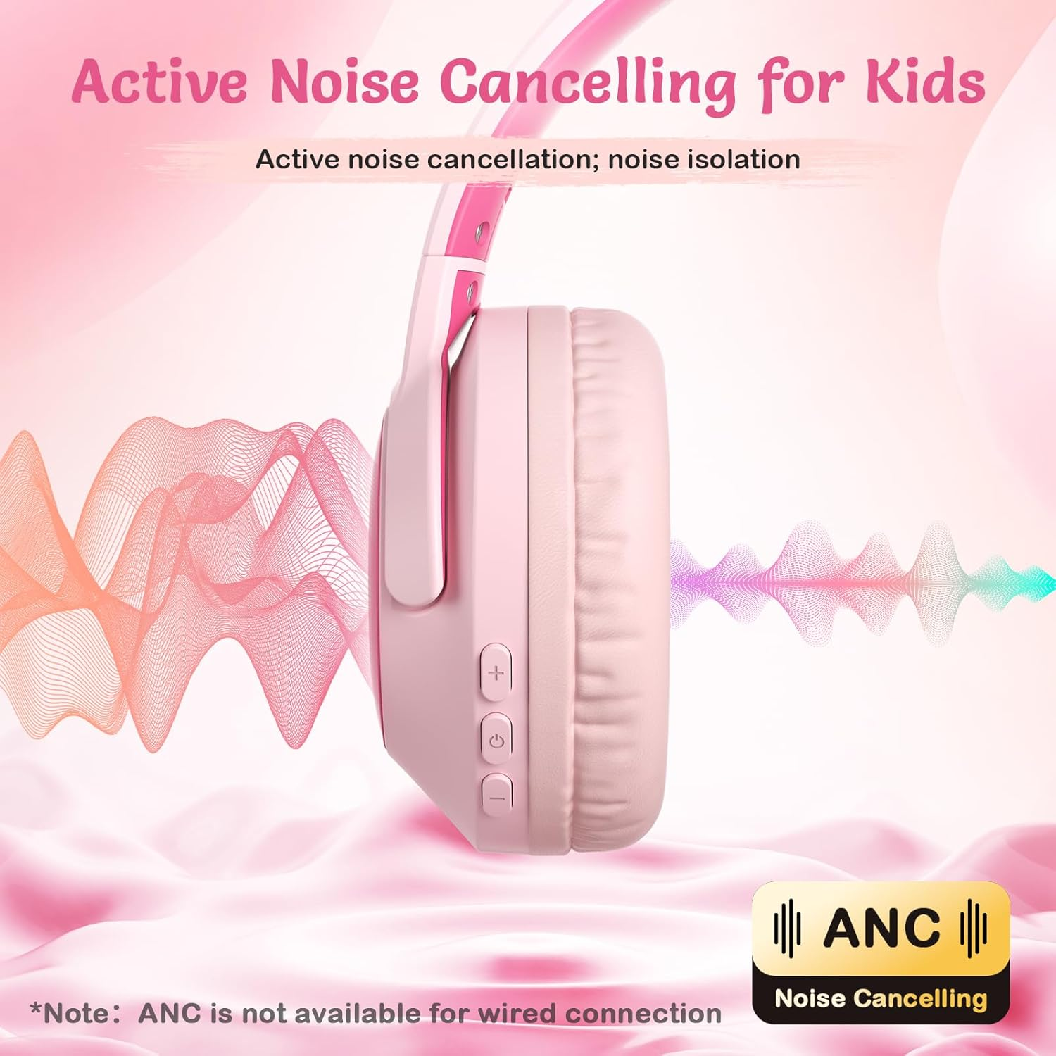 TONOSHARK Kids Headphones Wireless Lightweight, Active Noise Cancelling Headphones for Kids, 60H Playtime, Bluetooth Over-Ear Headset for Home/School/Travel - Includes Portable Case (Pink) image number 1