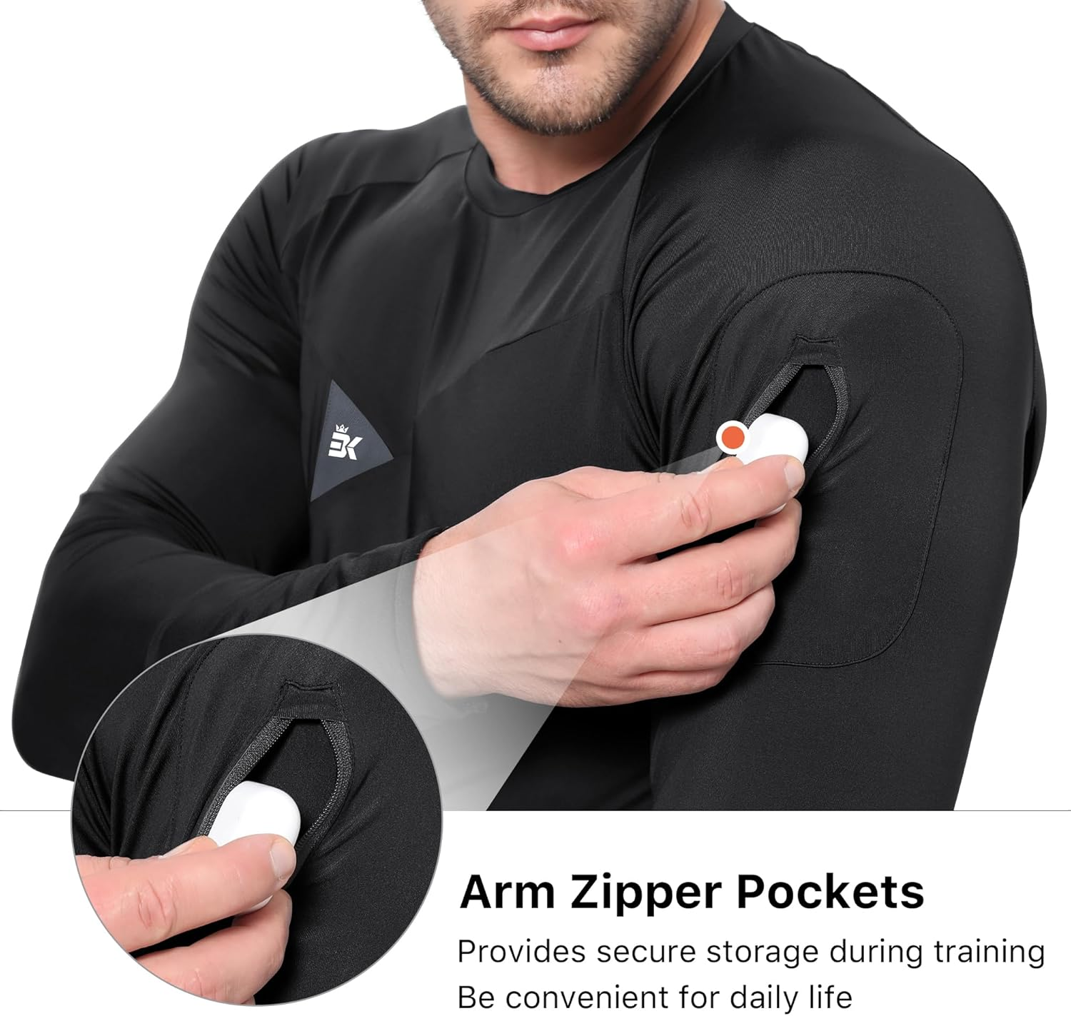 BROKIG Mens Armzip Long Sleeve Gym Tshirts, Quick Dry Workout Compression Shirts Lightweight Running Sports Top with Zip Pocket image number 6