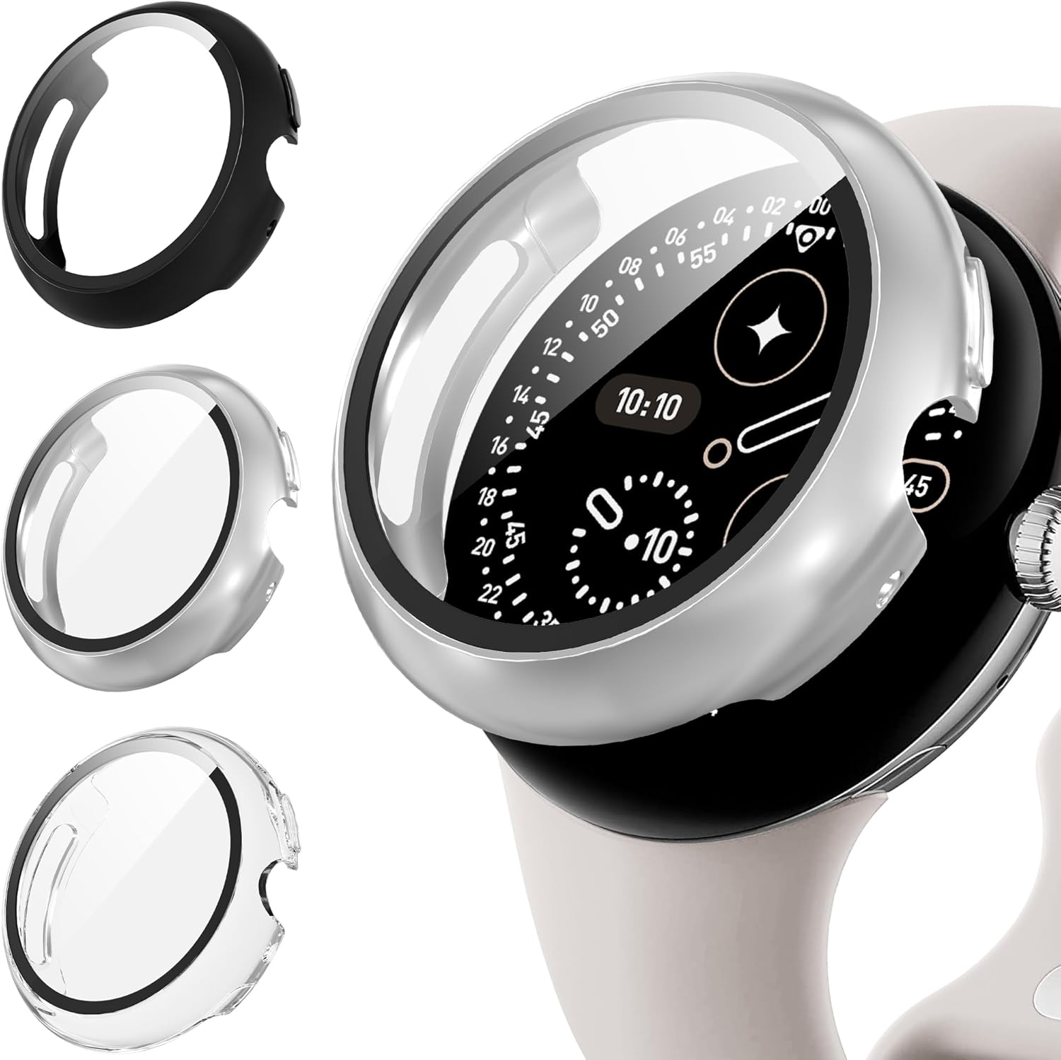 Diruite Pack of 3 Case for Google Pixel Watch 4 41 Mm Protective Case, PC Ultra Thin HD Tempered Glass Scratch-Resistant All-Round Screen Protector, Black, Silver and Transparent image number 1