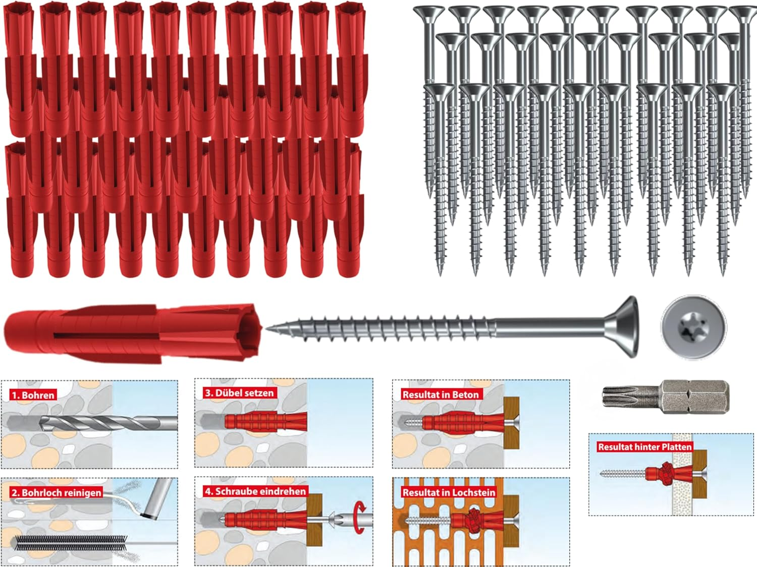 Tox TRI All-Purpose Dowels Assortment 277 Pieces in Practical Case Dowels + Screws + Bits Universal Dowels Mounting Assortment with TX Screws