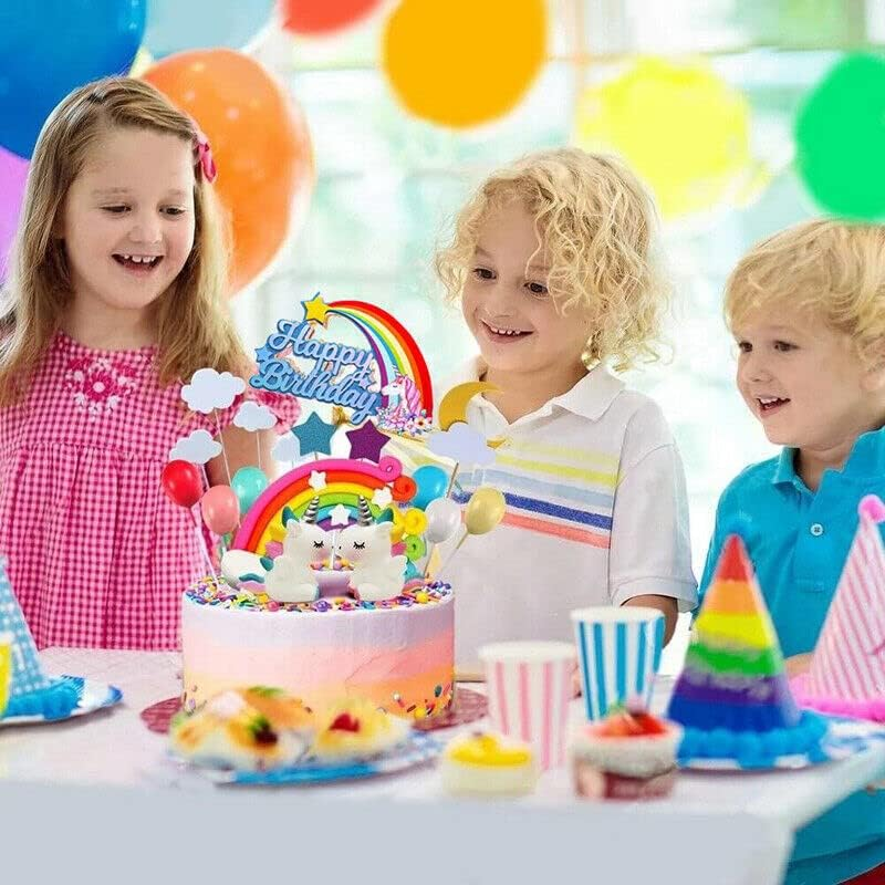 AIMALL 21Pcs/Set Unicorn Cake Topper Kit Cloud Rainbow Happy Birthday Banner Decoration with Rainbow, Happy Birthday Banner, Clouds, Stars & Moon, and Unicorns, Fits 6-10 Inch Cakes